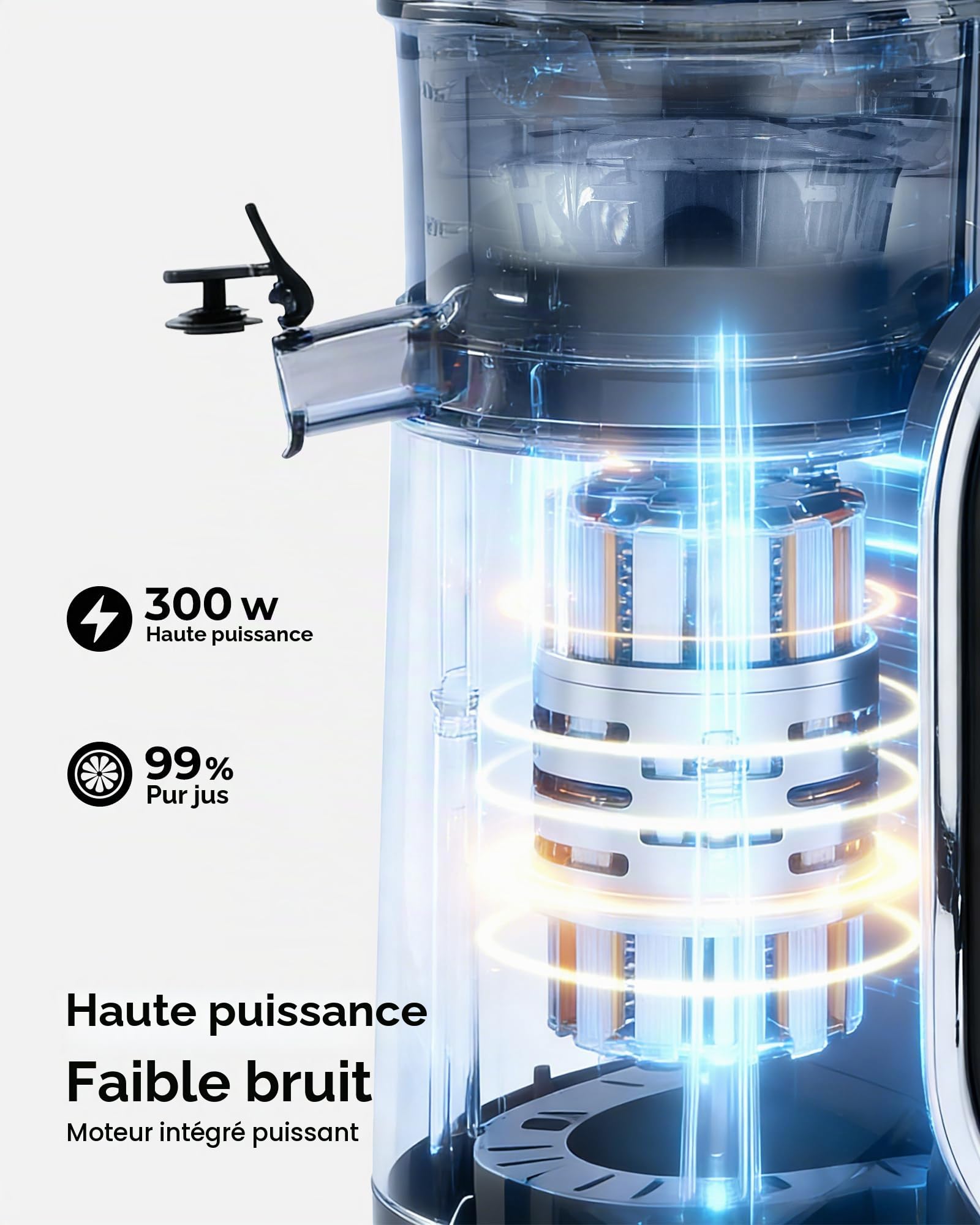 SUSTEAS Presse-agrumes à froid, goulotte d'alimentation de 13,5 cm (capacité de 1417,5 g), extracteur de jus à mastication lente de 300 W pour fruits et légumes entiers, alimentation automatique