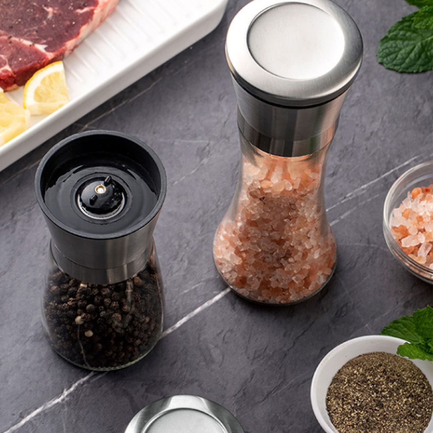 Molinillo de Pimienta y Sal Cuerpo de Vidrio de Acero Inoxidable Cepillado Agitadores de Especias de Viaje Tamaño de Grano Ajustable Tarro Recargable Regalos de Cocina