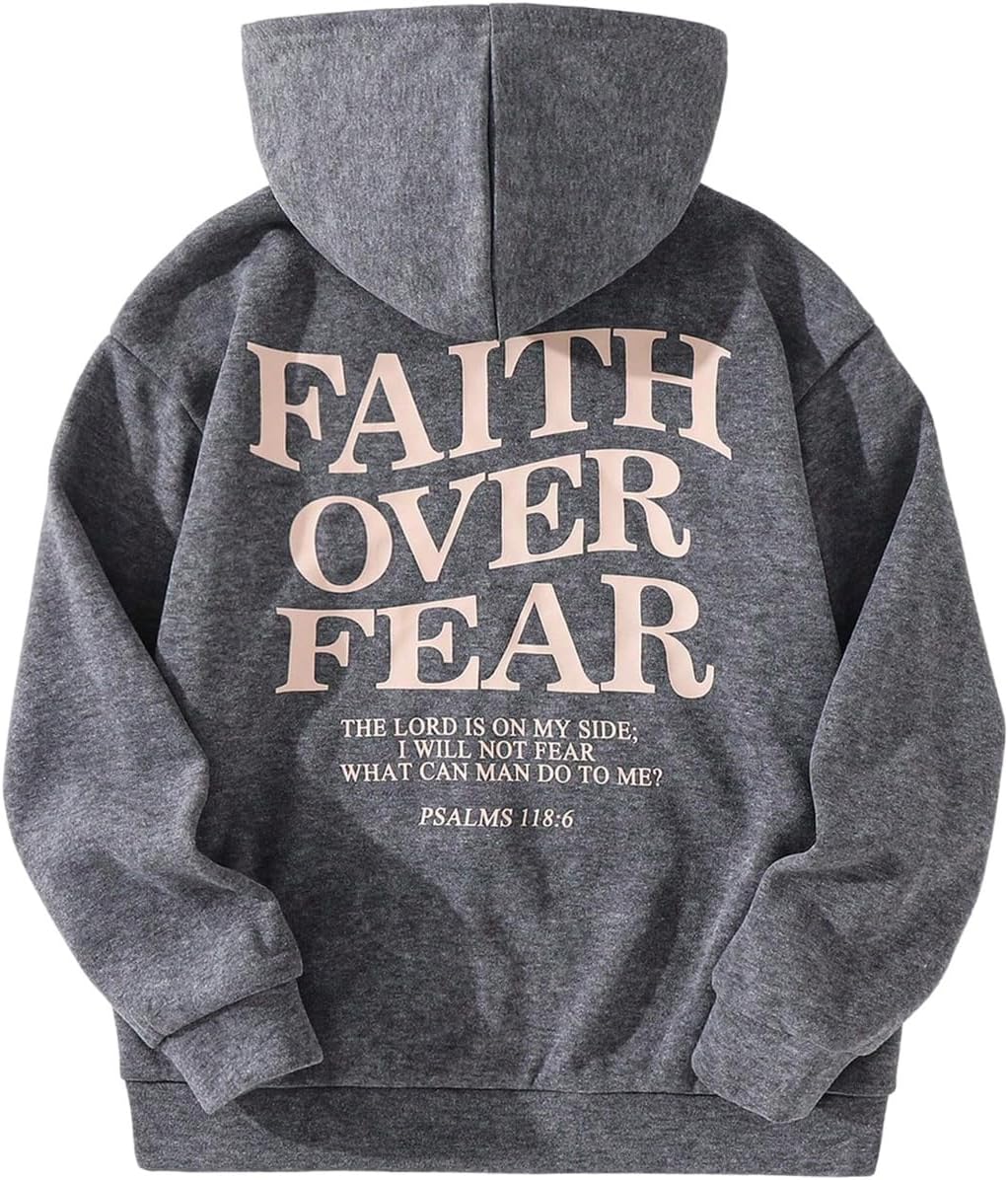 Boy's Retro Letter Graphic Hoodies Long Sleeve Faith Over Fear Hoodie Pullover Streetwear