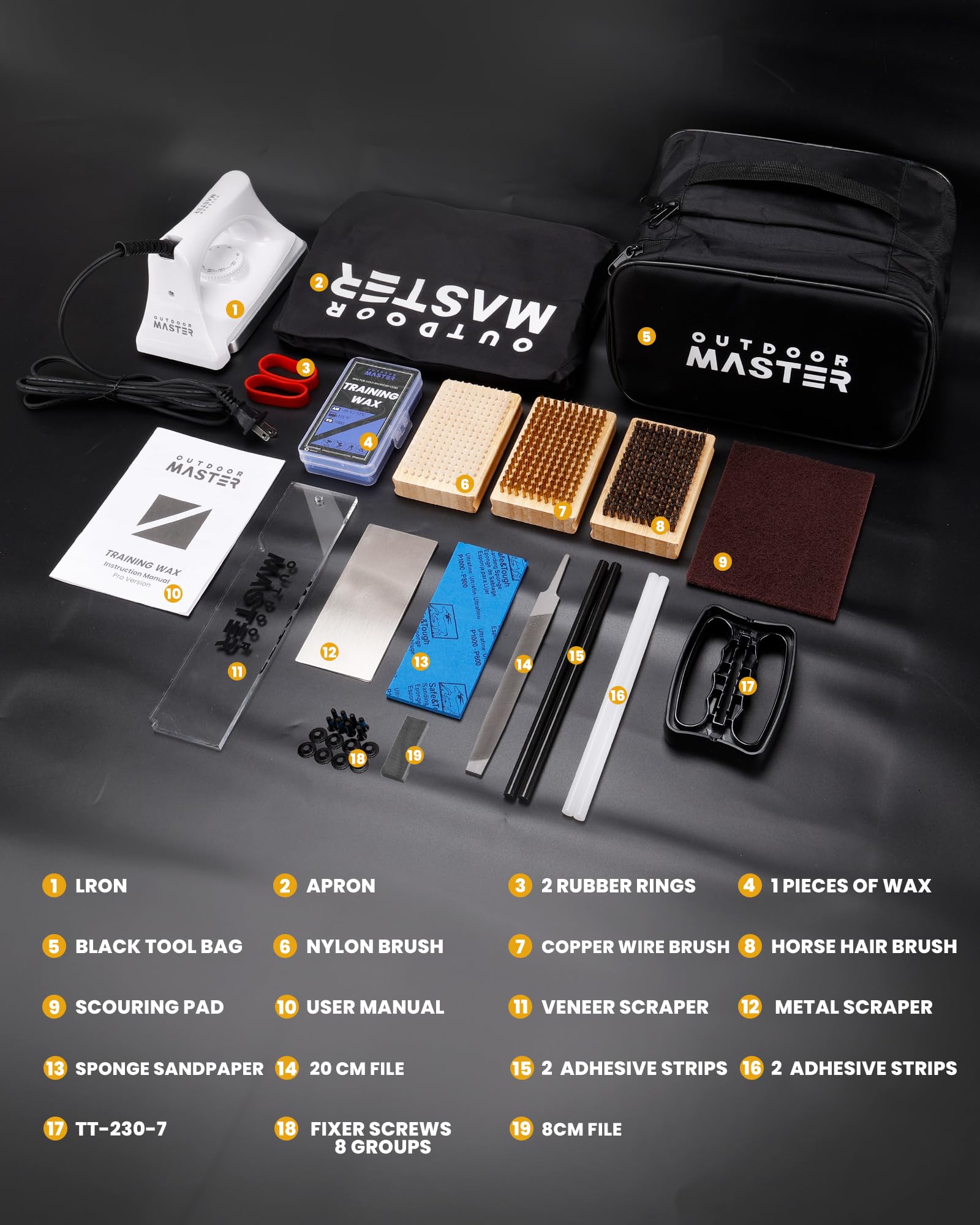 OutdoorMaster Kit de afinación y encerado para esquí y snowboard con plancha de cera, cera universal, afinador de bordes, cepillo, raspador de cera, Ptex, tornillo de fijación, banda de goma (negro,