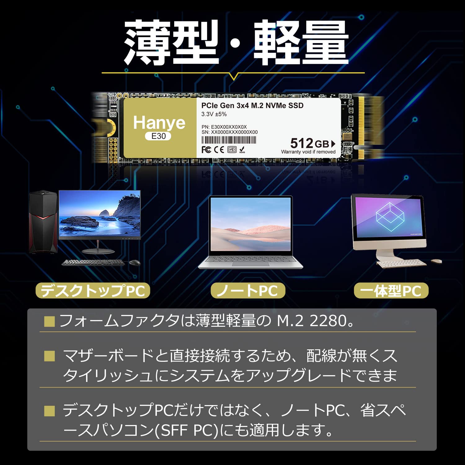 Amazon | Hanye 512GB 内蔵型SSD 3D TLC NAND PCIe Gen3x4 NVMe M.2