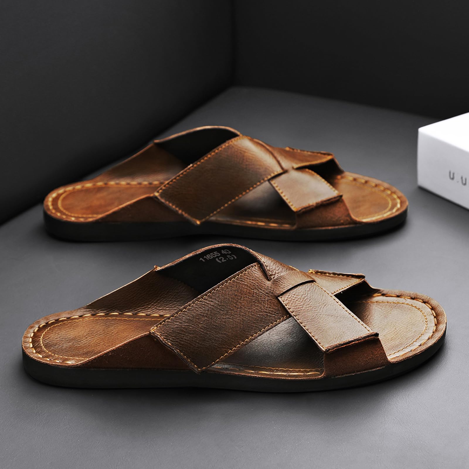 Sandalias de piel auténtica para hombre, cómodas, ligeras, abiertas, redondas, sin cordones, para exteriores, caminar, sandalias casuales de playa