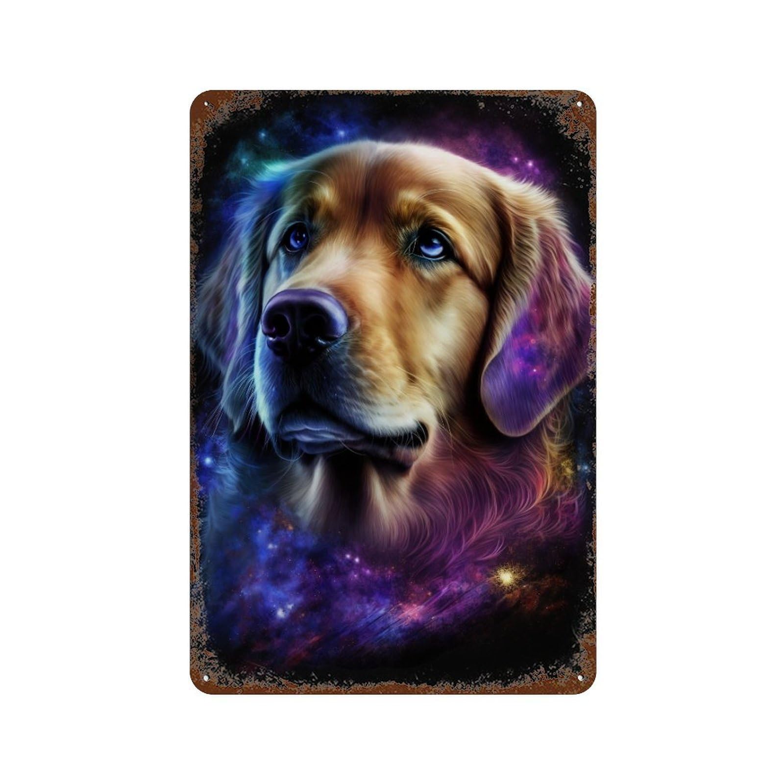 Galaxy Golden Retriever Art Print -2 11.8"x7.9" Rust Effect Tin Sign, Old School Wall Decor for Pub, Kitchen And Man Cave Decor