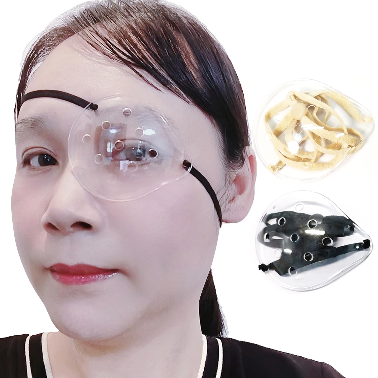 AMZVIO 2pcs Eye Shield After Cataract Surgery,Eye Shield for Sleeping after Surgery,Extended Elastic Band Longer & Wider for Adults Eye Protector Clear Eye Patch (Black+Beige)