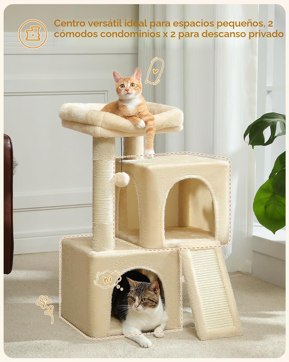 PETEPELA Rascador con doble condo para gatos de casa, casa todo en uno con barra acolchada, rampa y postes y bolas intercambiables, color beige