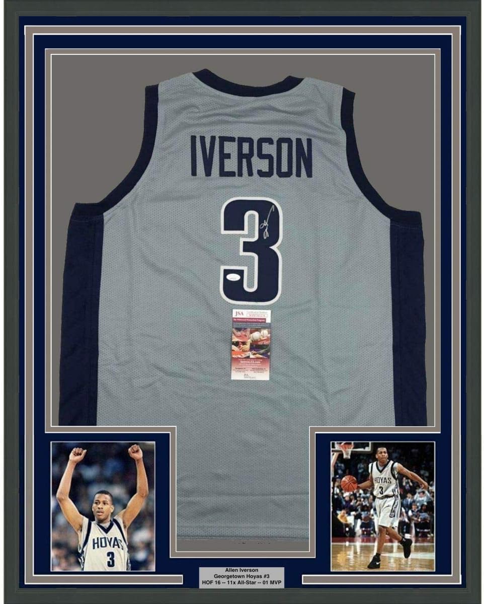 Framed Autographed/Signed Allen Iverson 33x42 Georgetown Grey Basketball Jersey JSA COA