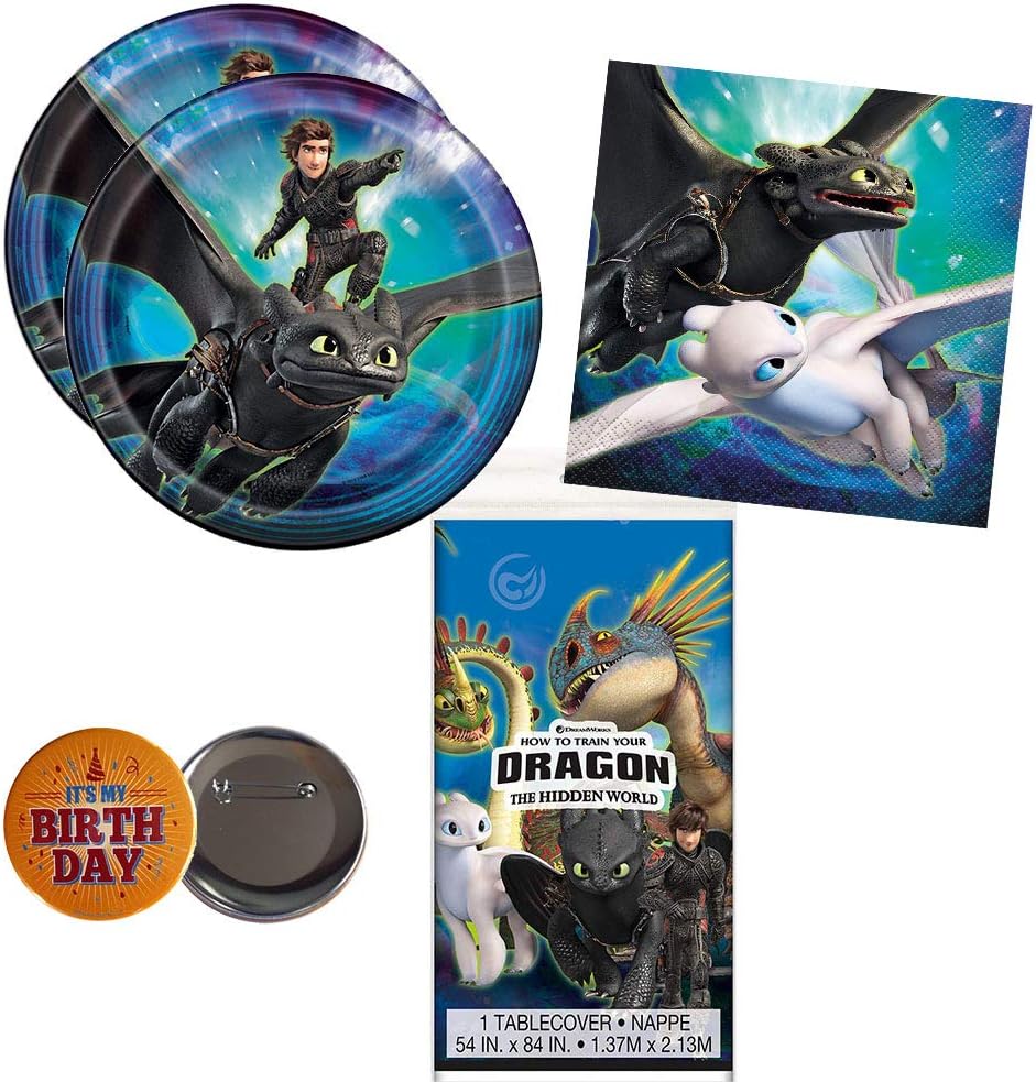 RDC How to Train Your Dragon Party Supplies for 16 Guests - Plates, Napkins, tablecover + Birthday Button - Officially Licensed