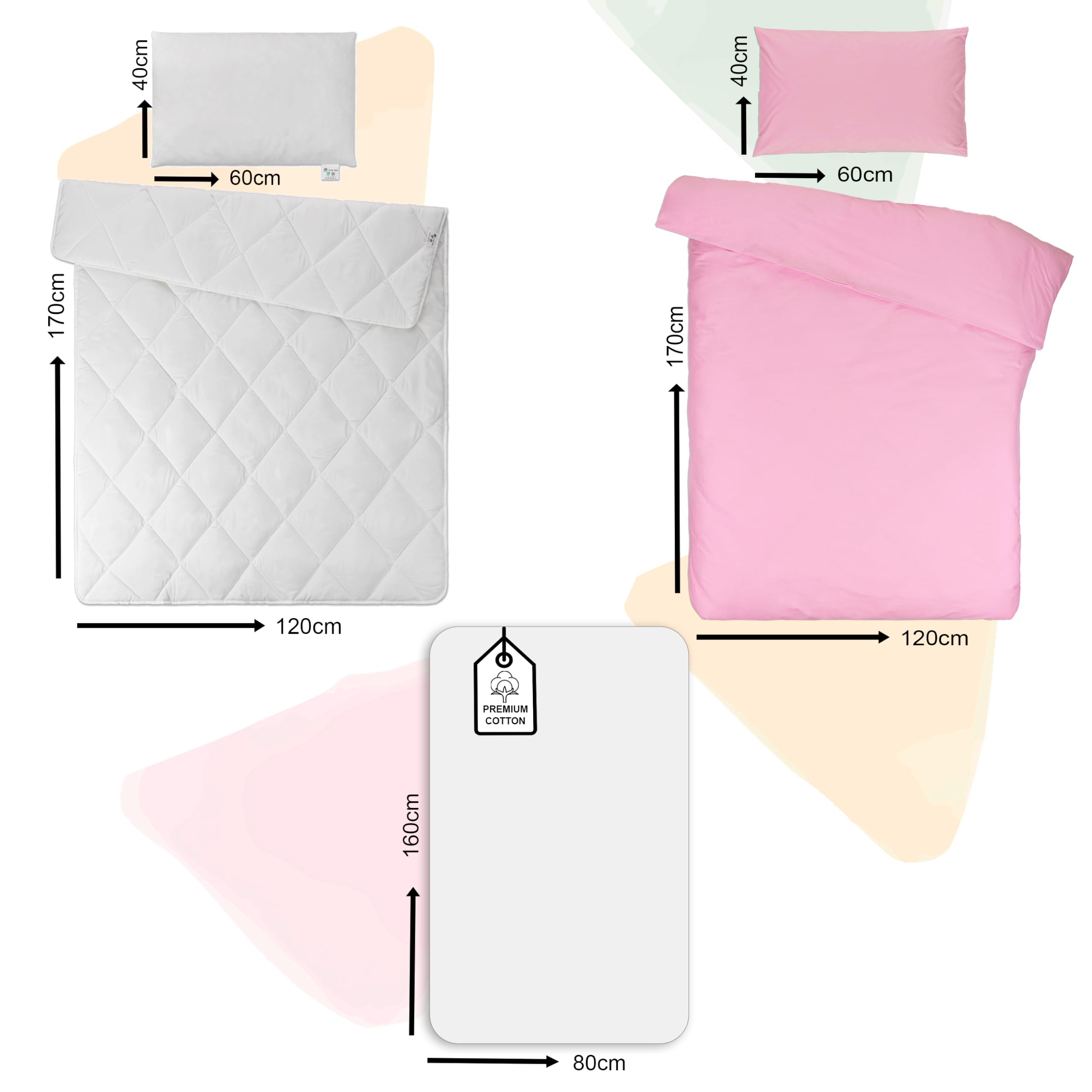Drap Housse 80x160 (100% Coton) + Couette + Housse de Couette 120x170cm + Oreiller + Taie Oreiller 40x60cm - Parure 80x160 pour Lit Cabane (Blanc/Rose, Parure 80x160 cm (5 pièces))