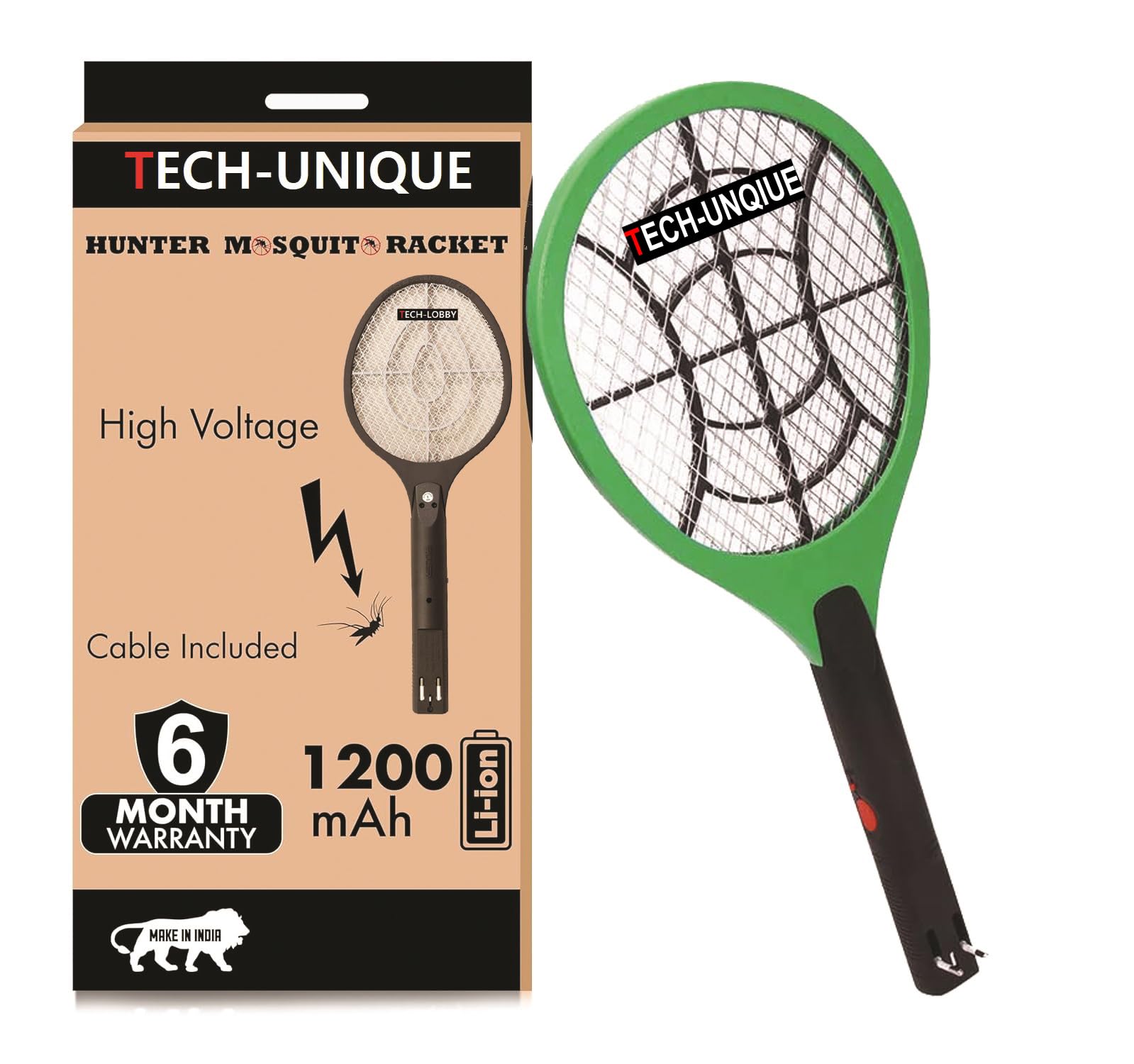Tech-Uniuqe MosHunter Rechargeable Electric Mosquito Killer Racket, 2 Pin Plug, 3 Months Warranty, Multicolour