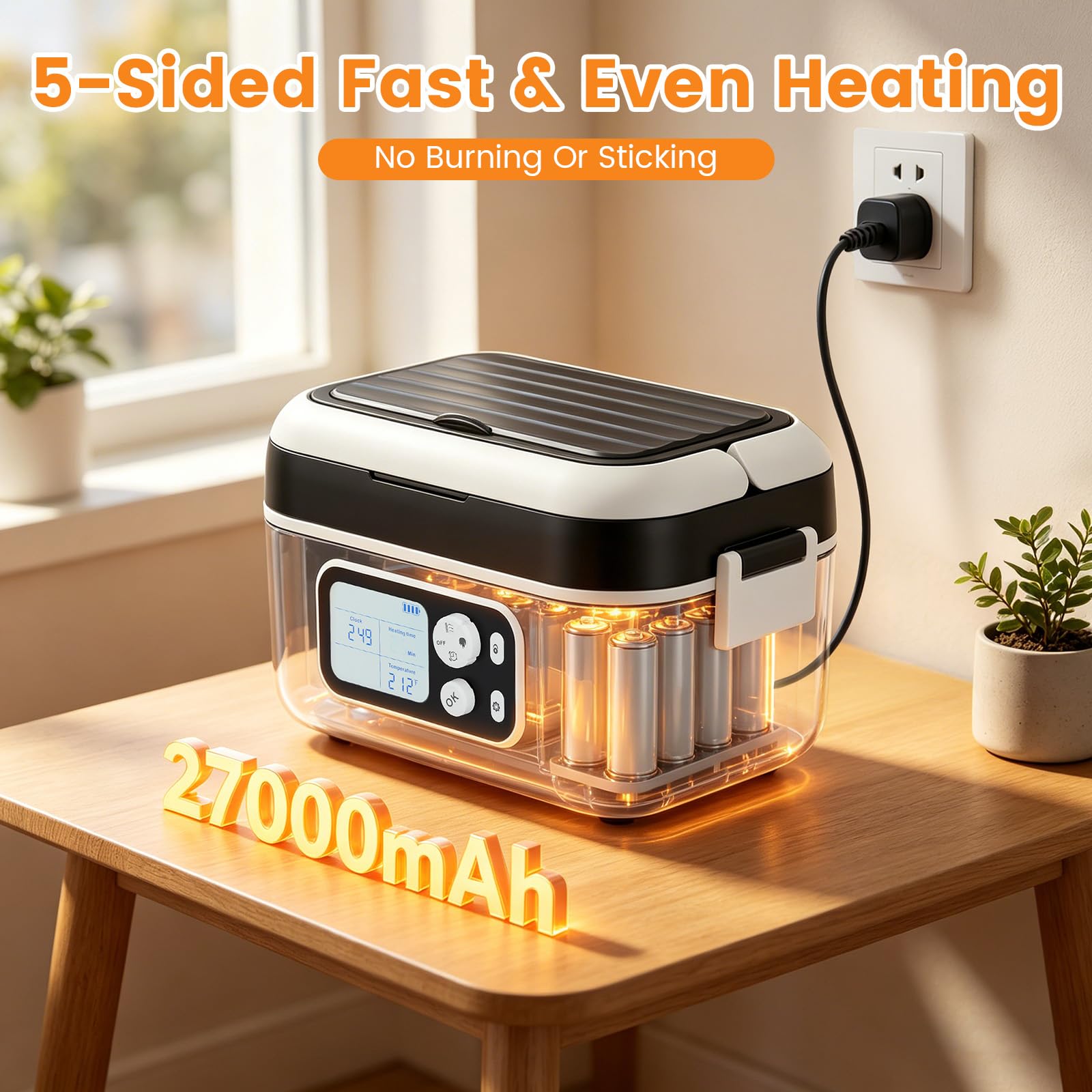 Fiambrera eléctrica con batería de 27000 mAh, 100 W, recargable, autocalentable, fiambrera eléctrica de 1,5 L, con inserto de acero inoxidable extraíble, caja térmica para coche, camión, oficina