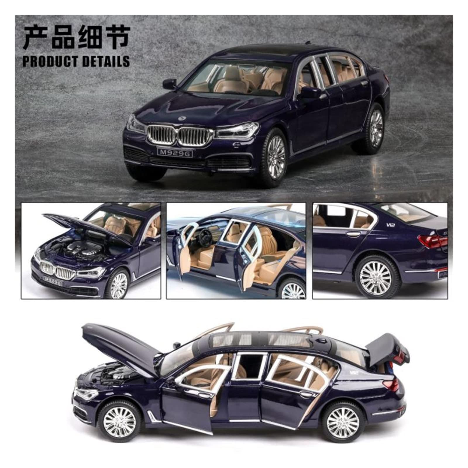 Gotowy model samochodu w skali 1/24 Diecast Pojazdy Zabawkowe Dla BMW 760LI Model Samochodu Dźwięk Światła Kolekcja Model Samochodu Zabawki Prezent Miniaturowa replika samochodu(Black)