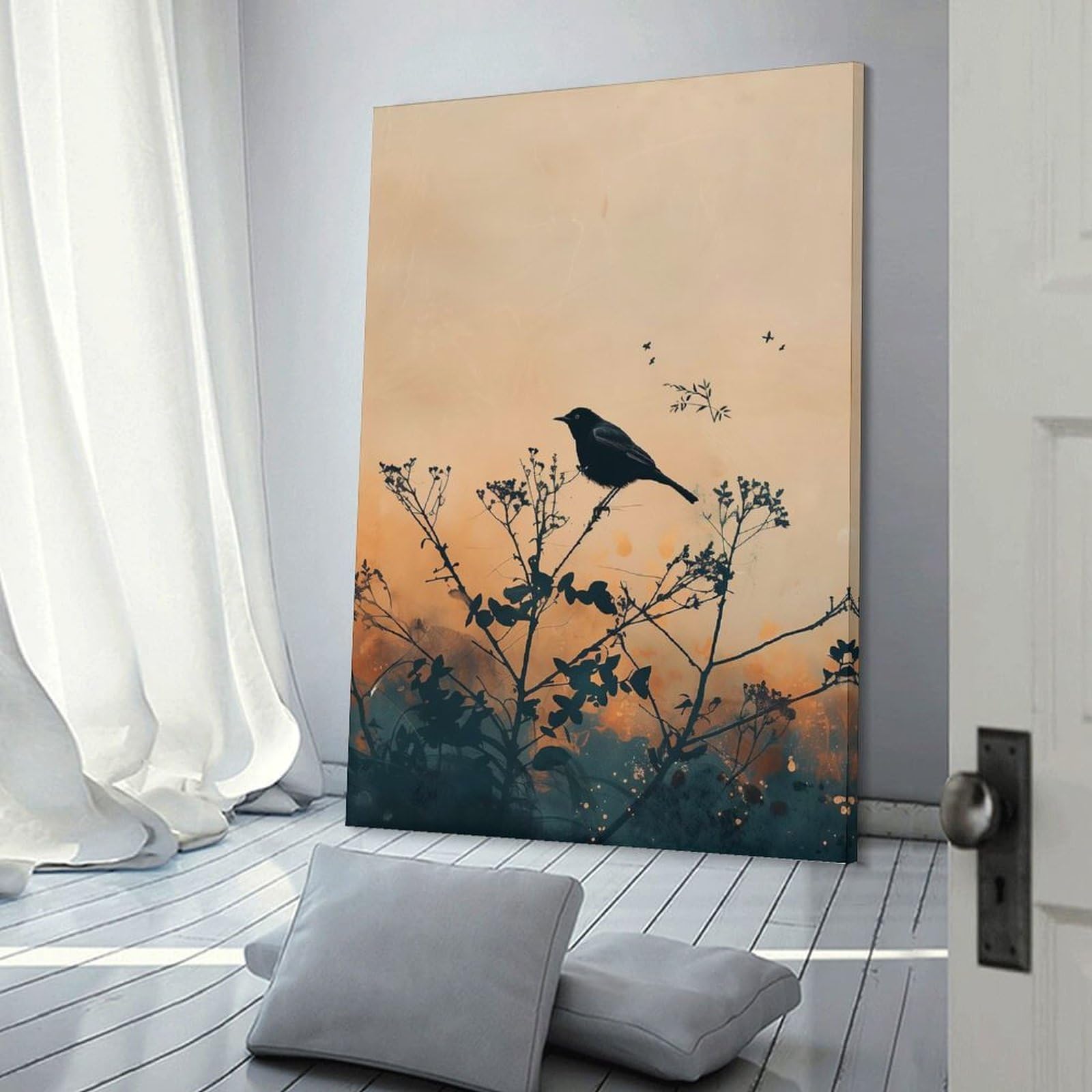 Junmoney Frame-Style-8 Canvas Wall Decor Black Bird On Branch Silhouette Art, 20X30inch(50X75cm), For Home Lounge, Bedroom Or Reading Nook, Eye Catching Artwork For Blank Walls