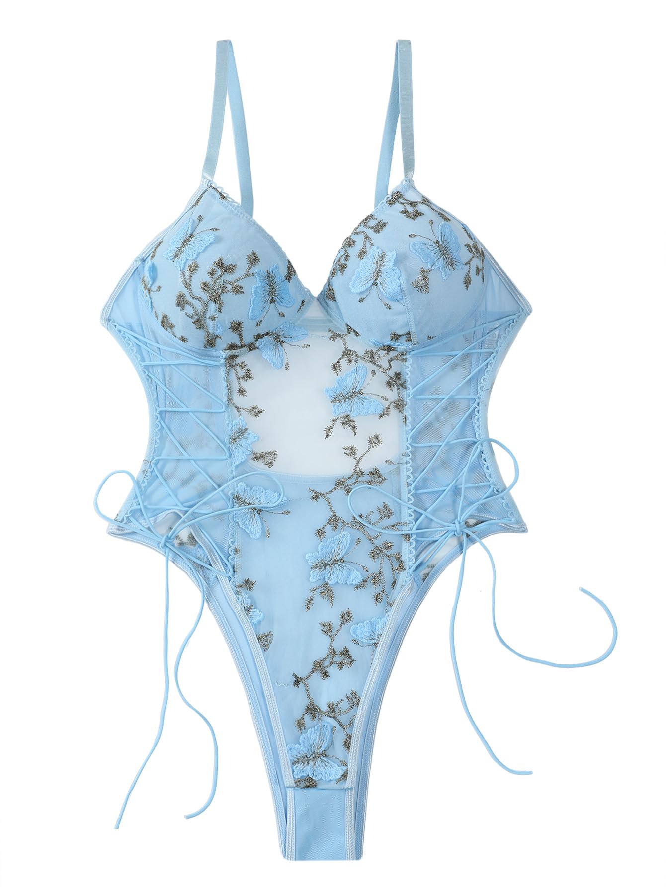 Photo 1 of Lilosy Plus Size Women Sexy Lace Up Floral Embroidered Teddy Babydoll Lingerie Bodysuit Top Mesh Sheer One Piece See Through Light Blue XX-Large