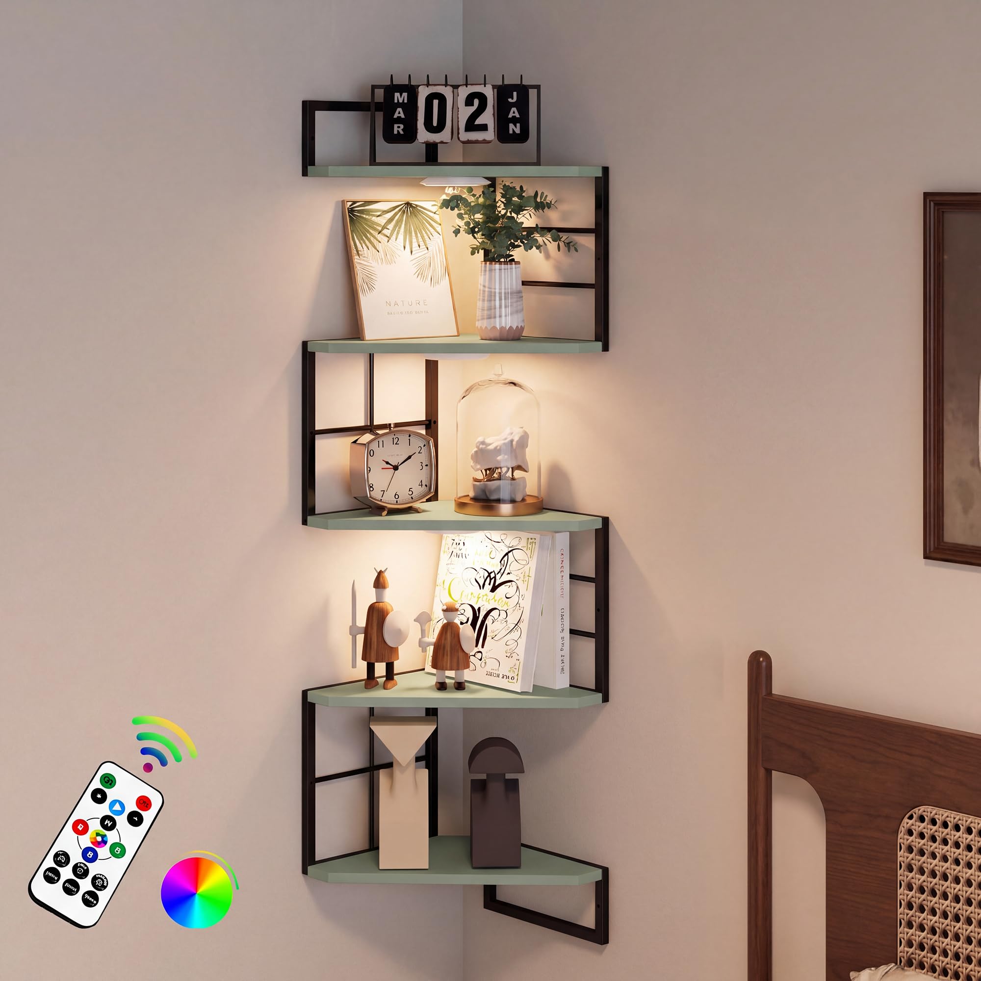 WFSRESTD Floating Corner Shelves with Light - 5 Tiers Metal Corner Shelf Wall Mounted for Bedroom Living Room Office Kitchen, Easy-to-Assemble Corner Wall Shelves, Green