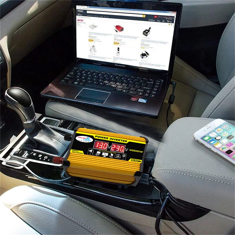 Inversor,Inversor Coche 4000W DC12V a AC220V / 110V Muestra del inversor de alimentación del automóvil Adaptador convertidor 2USB Transformador de Voltaje Modificado Onda sinusoidal(Yellow 12v 220v)