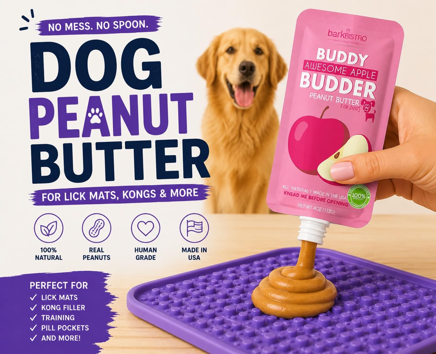 BUDDY BUDDER Bark Bistro Company - Paquete de 6 paquetes de sabores mixtos, mantequilla de maní 100% natural para perros, golosinas saludables para perros con mantequilla de maní, fabricadas en