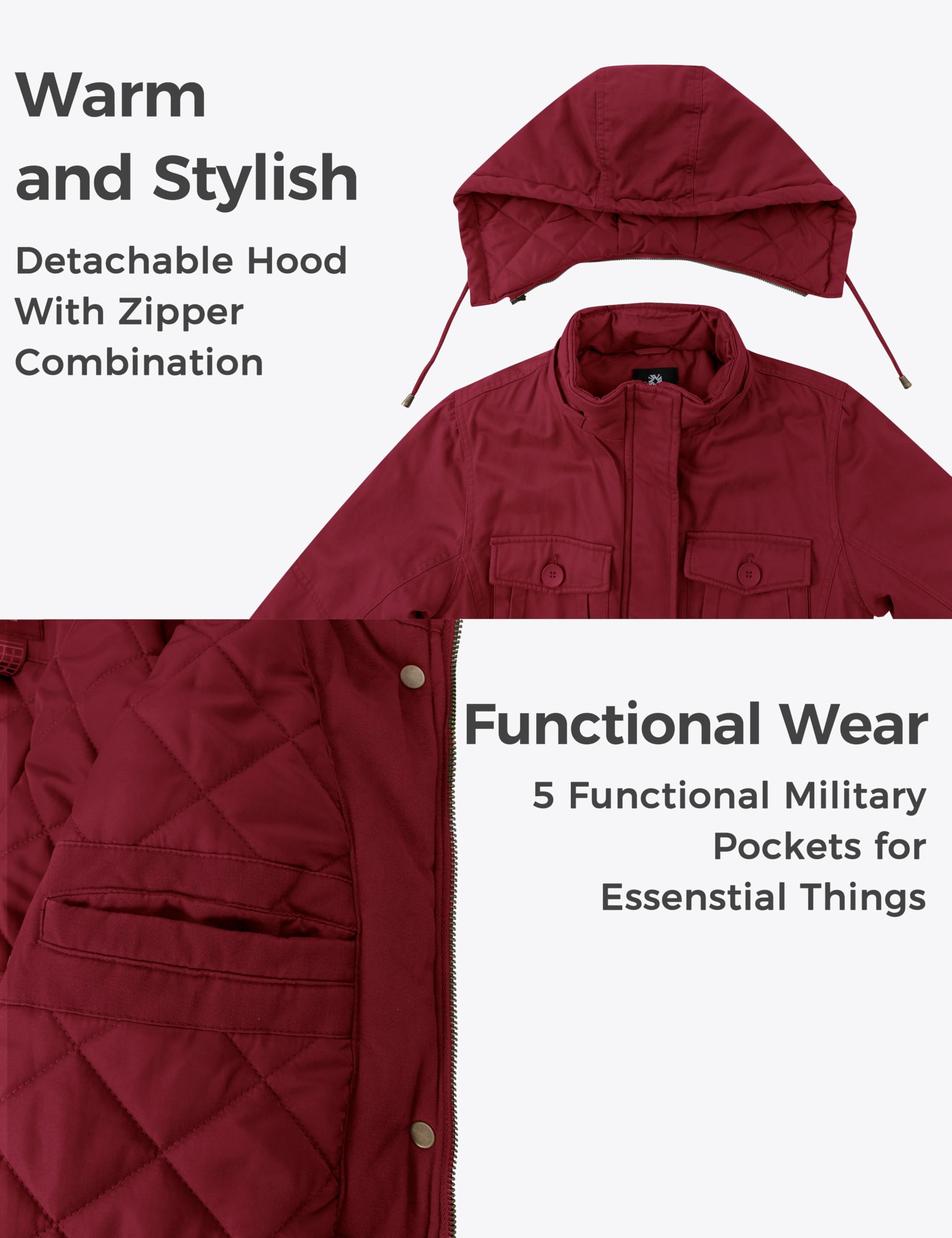 Wantdo Giacca con Cappuccio Rimovibile Cappotto Caldo Invernale da Esterno Parka con Fodera in Pile Giubbotto Antivento Donna