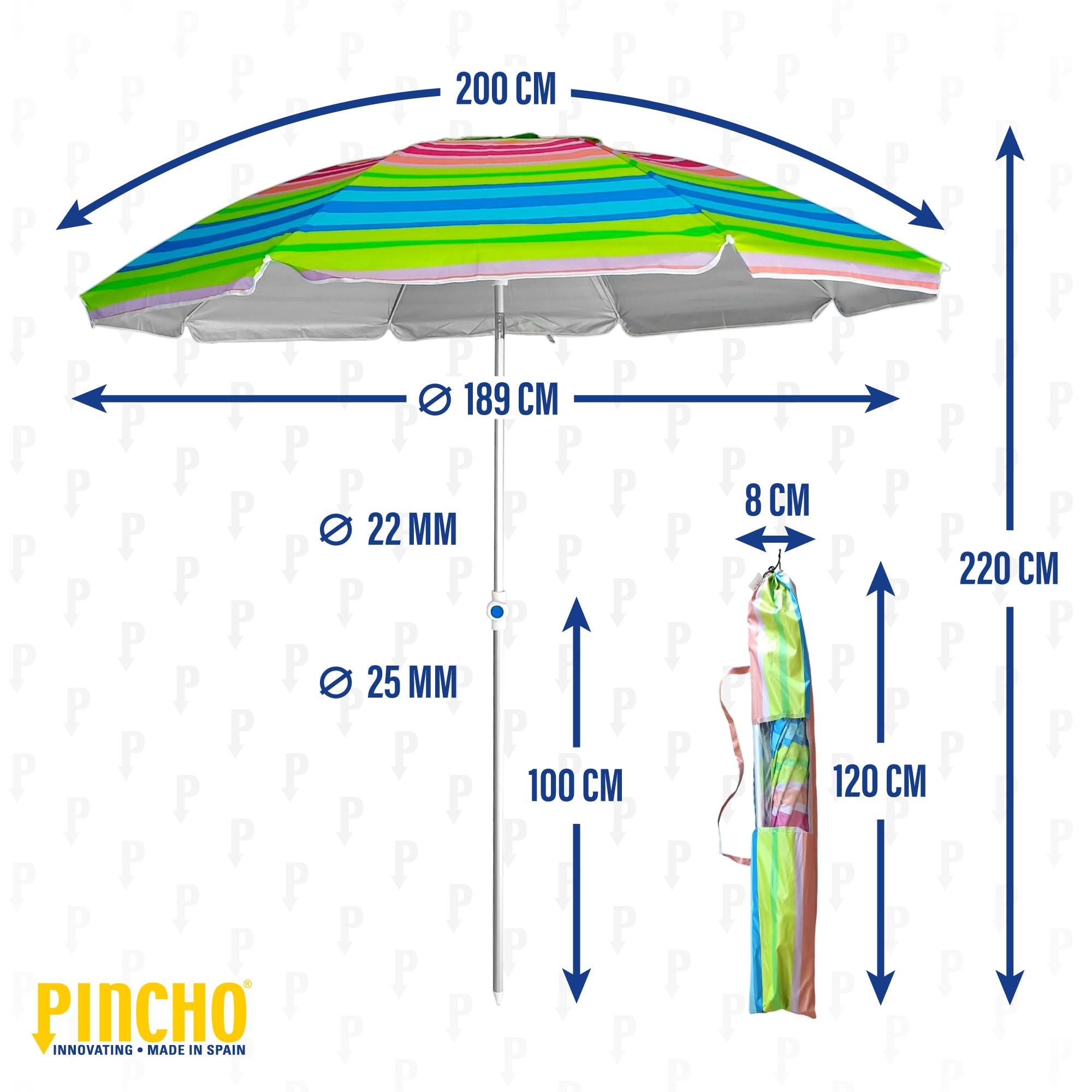 Pincho Ombrellone da spiaggia grande Ø200 cm, antivento, protezione UV 50, materiali di qualità, tubo di alluminio, aste in fibra di vetro, bastone reclinabile, include spiedino con punta in ALU