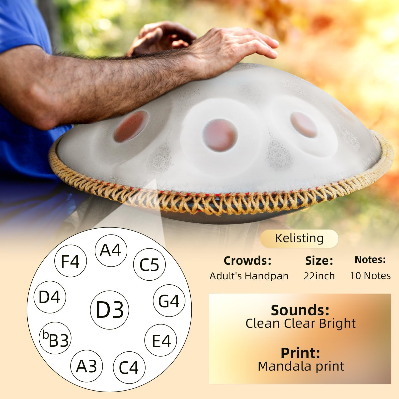 Instrumento Handpan De 10 Notas (Re Menor) Con Diseño De Mandala — Tambor De Lengüetas De Acero Con Bolsa De Transporte — Instrumento De Percusión A 432 Hz Para Adultos