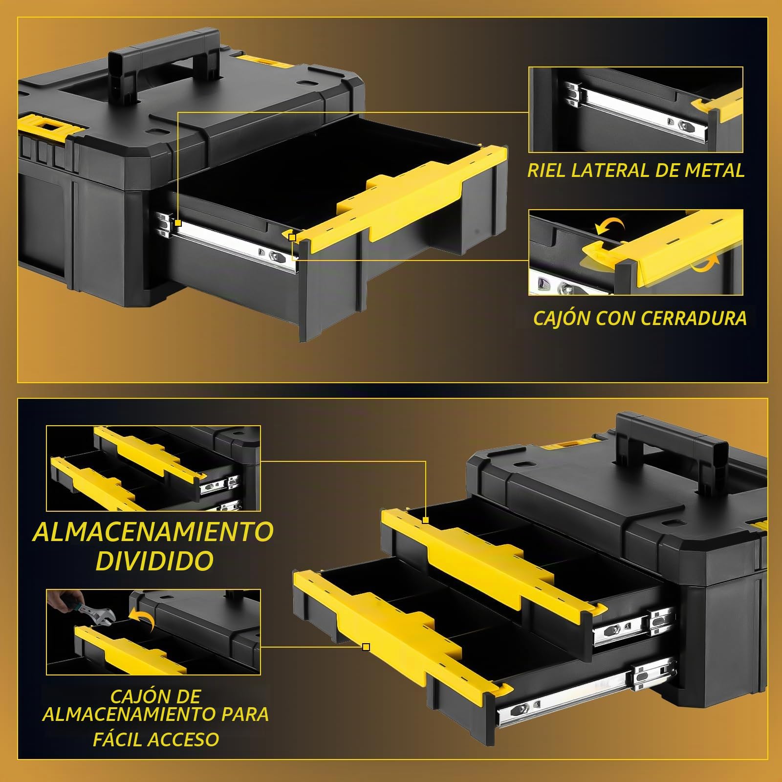 Caja de Herramienta 4 en 1, Carro Modular de Apilamiento con Ruedas, Cajones y Cierres de metal, Organizador de Taller para garaje y hogar, Carga 203kg, 44,5 x 35 x 52 cm