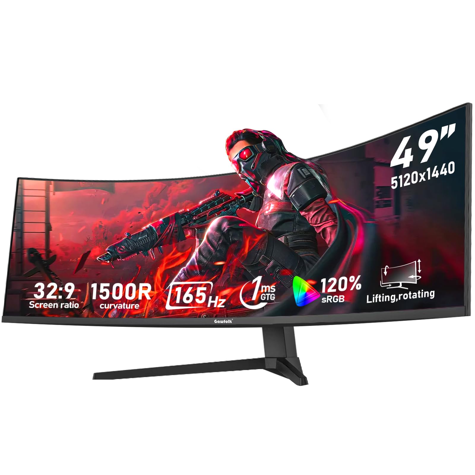 Gawfolk 49 inch Ultra-Wide Curved 1500R Gaming Computer Monitor, DQHD(5120×1440), 1MS,165Hz, FreeSync, 120% sRGB, Height Adjustable PC Screen, HDMI2.1,DP1.4, Compatible Wall Mount 75 * 75mm - Black