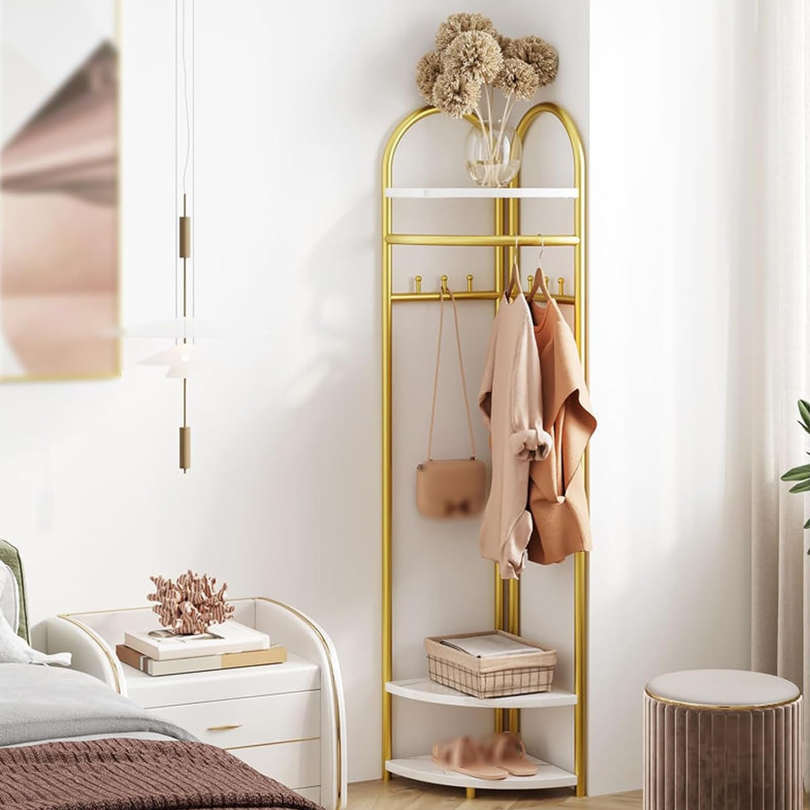FGXHHS Gold Freestanding Coat Rack - 3-Tier Storage Stand for Hallway, Entryway, Laundry Room Stylish Corner Coats, Hats, and Accessories