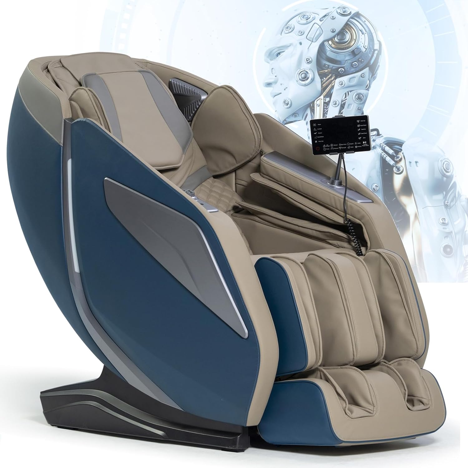 Large Size Massage Chair Full Body Recliner 3D Zero Gravity Massage Chair SL Track Back/Foot/Calf with Heating Shiatsu Yoga Strecth Massage Screen Touch/Voice Control Body Scan Bluetooth Speaker Blue