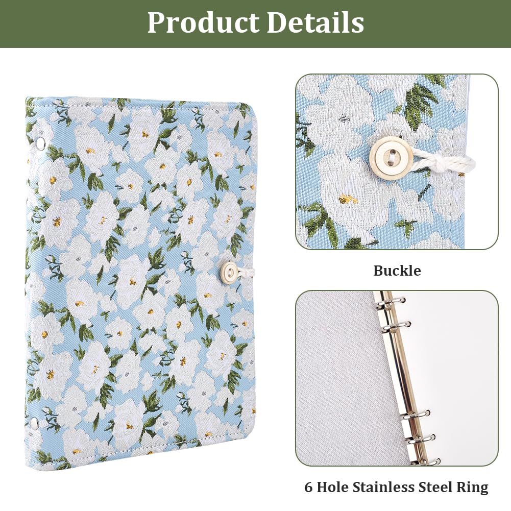 CRASPIRE Carpeta Tela A5 con 6 anillas Rellenable con Decoración Floral 90 hojas Papel Bolsillo Facturas 6 agujeros Encuadernación con Botones Y Cuerda Tela Protector Agenda Organizador Y Diario Viaje