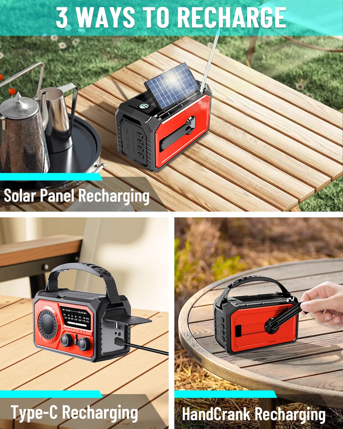 16000mAh Notfall-Wetterradio, NOAA/AM/FM Solar Handkurbel Radio | Typ-C Wiederaufladbar mit Powerbank, SOS-Alarm, Leselampe & 3-Modi-Taschenlampe für Camping, Sturm & Überleben, Rot
