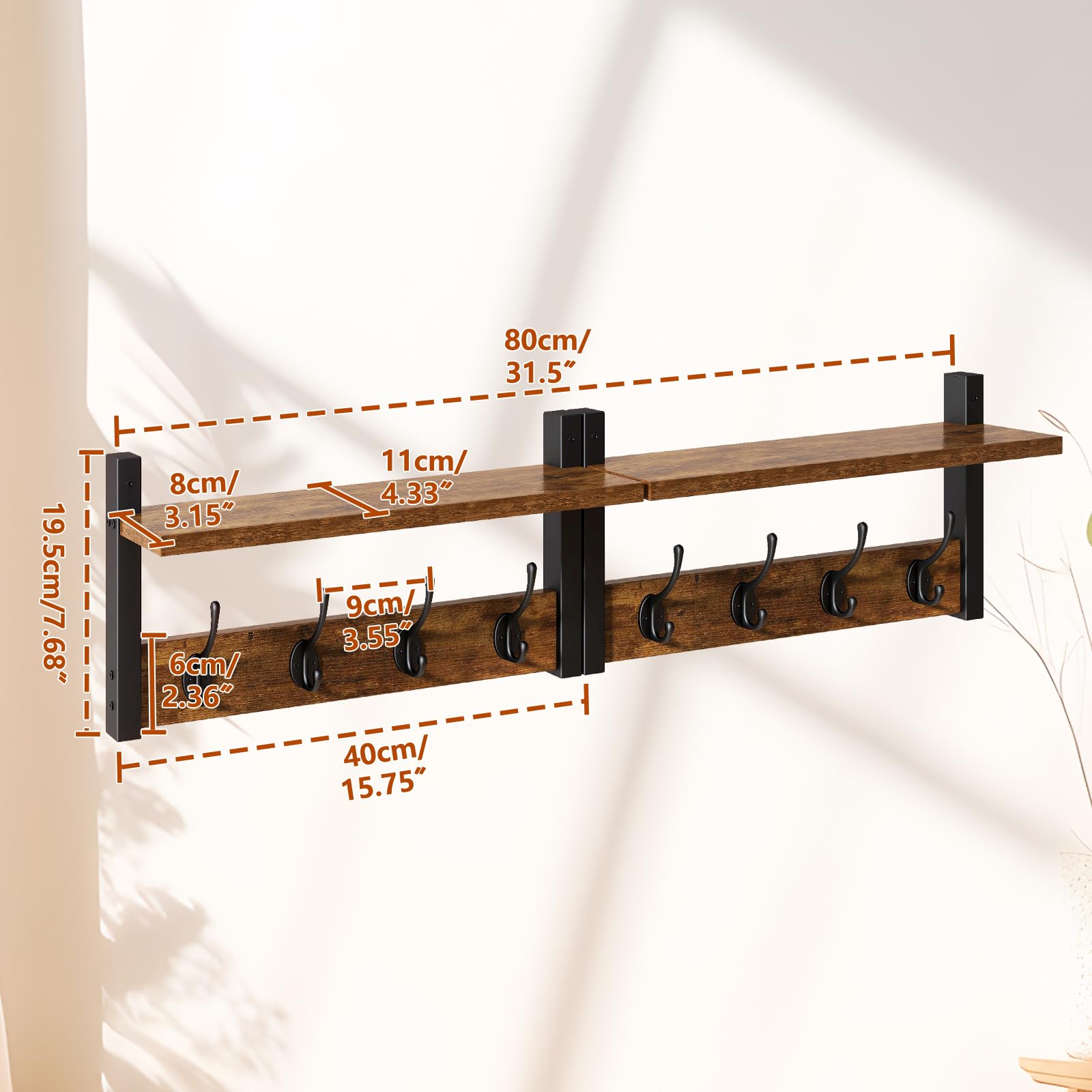 YMYNY Lot de 2 Patères Portemanteaux pour Entrée, Porte Manteau Mural, Meuble Entrée,Vestiaire Flottant, Étagère Suspendue, pour Chambre, Salle de Bain, Marron Rustique et Noir HWS001H-2