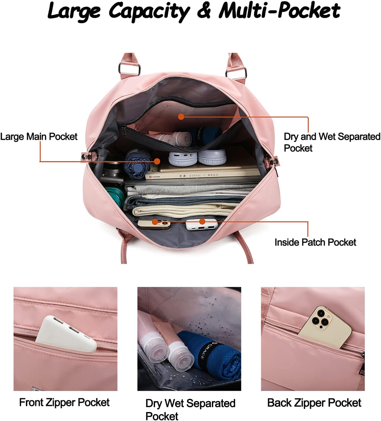 Women's Duffel for Travel, Carry-on for Airplane, Weekender Overnight Bag With Wet Pocket, Waterproof Sports Gym - Image 3