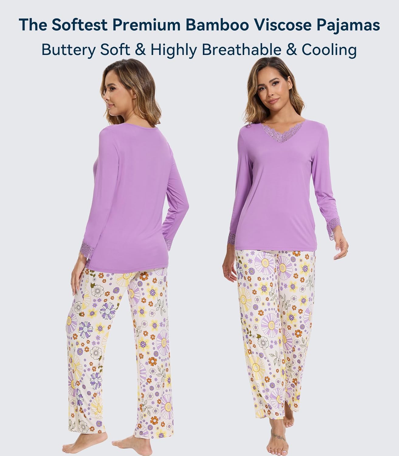 WiWi Bamboo Viscose Pajamas Sets for Women Lace Trim Long Sleeve Sleepwear Lounge Sets Plus Size Pjs with pockets S-4X - Image 4