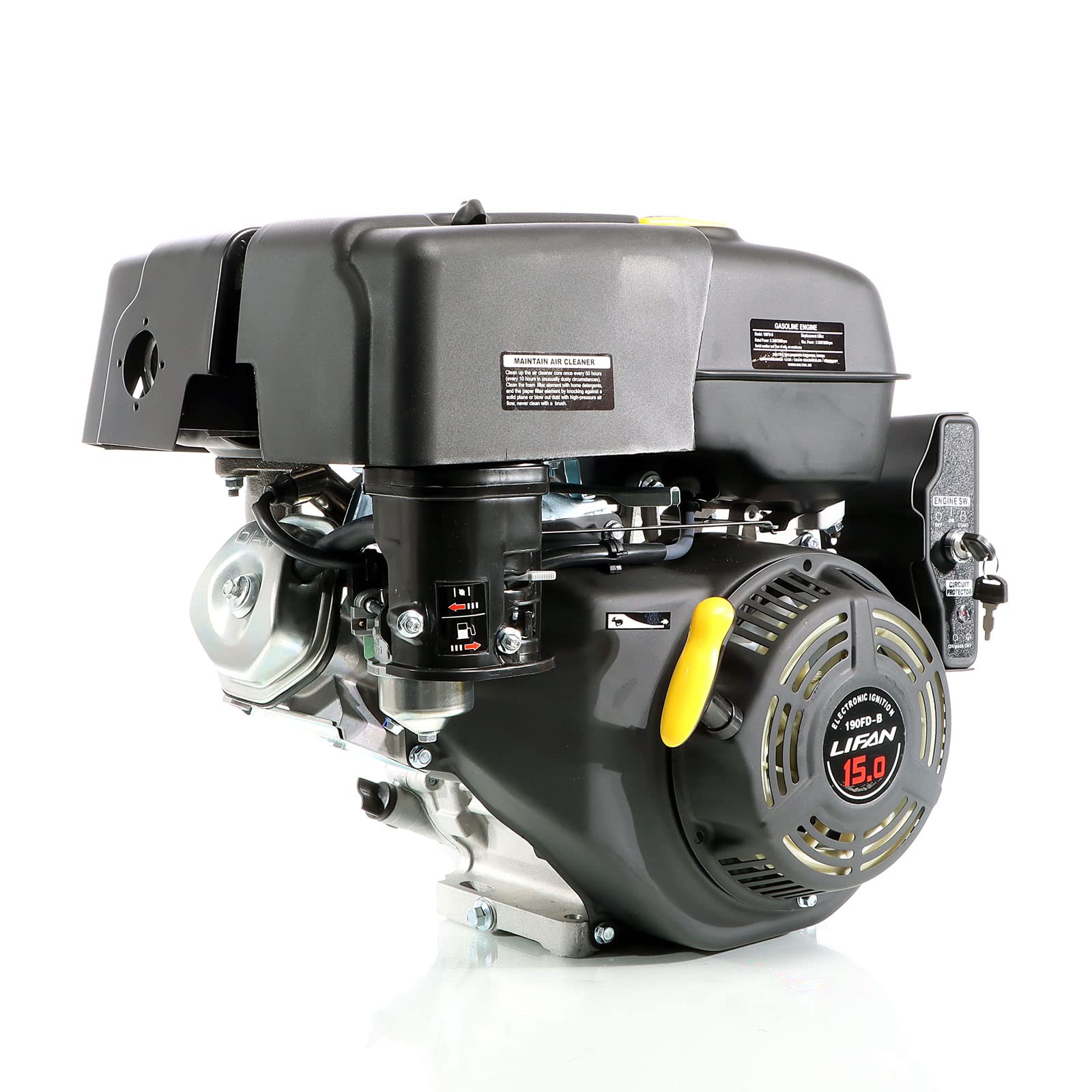 Wiltec LIFAN 190 Moteur essence – 403 x 449 x 433 mm – 10 kW (15 CV) – 420 ccm – 4 temps, Ø arbre 25 mm – capacité 6,5 L – OHV – Refroidi par air – Monocylindre Lanceur électrique – Kart Jardin