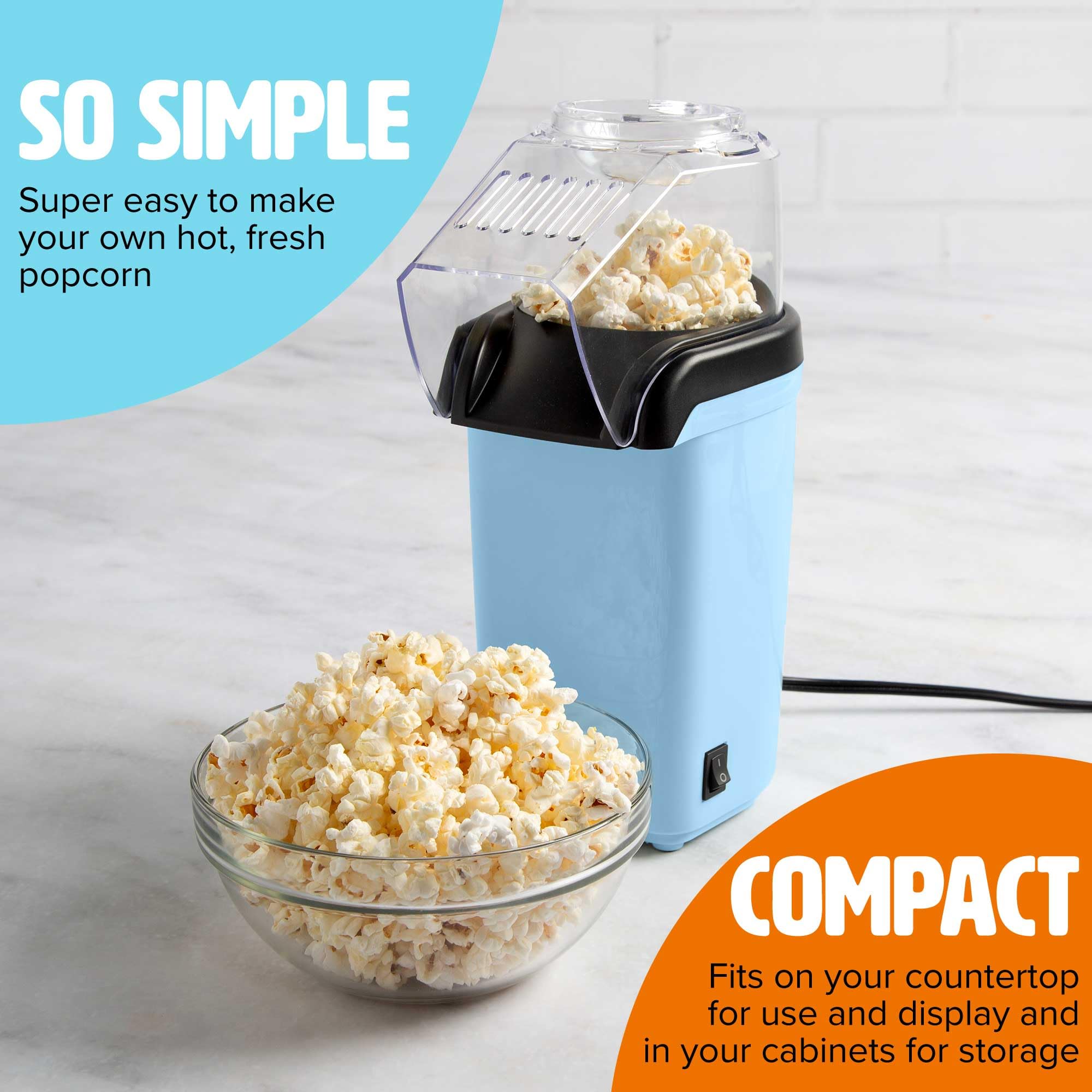 Tasty Popcorn ad aria calda, popcorn sani e deliziosi in pochi minuti, veloce e facile da usare, misurino integrato e scaldaburro, 8 tazze, blu