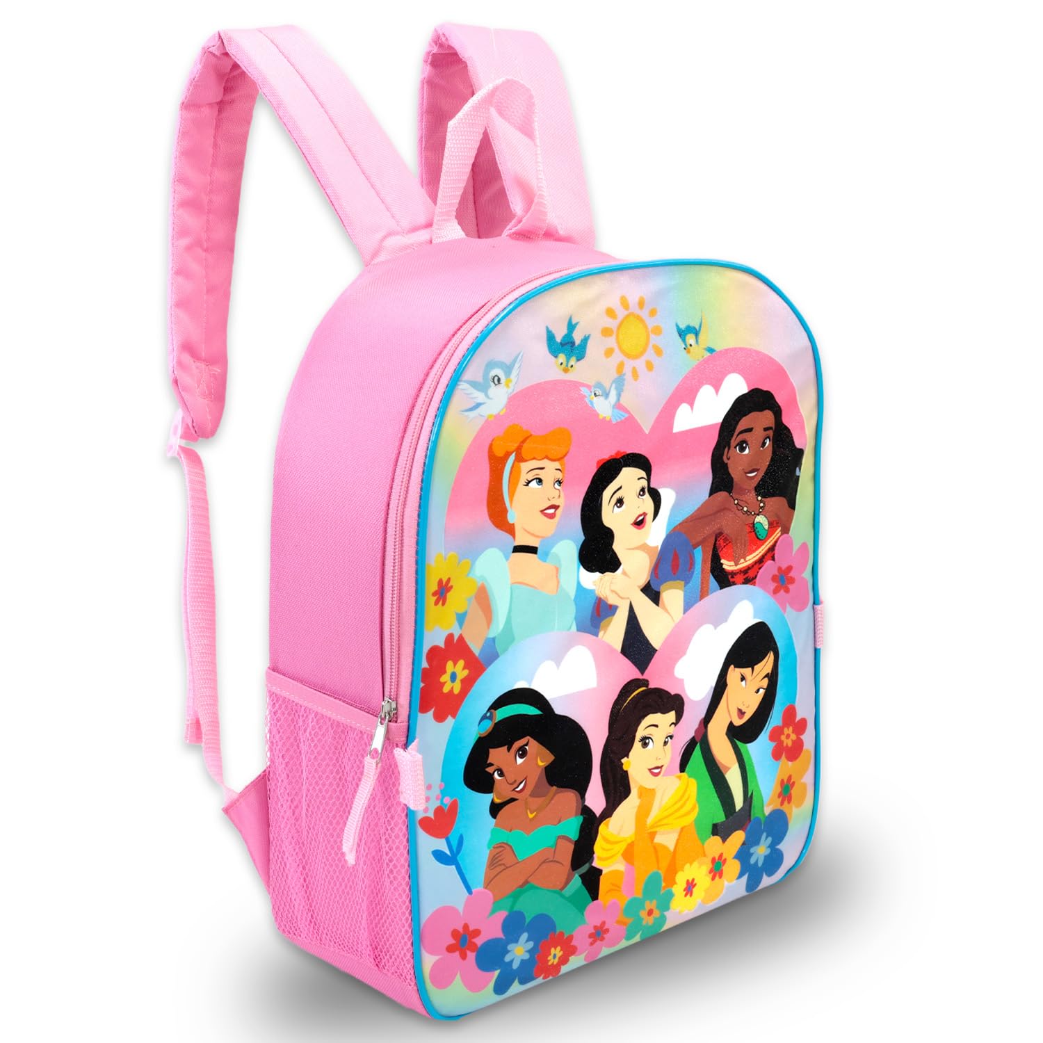 Disney Zaino con portapranzo da principessa, set con zaino e borsa per il pranzo con Ariel, Cenerentola, Biancaneve, Moana, altri adesivi, bottiglia d'acqua, zaino per la scuola per ragazze Disney