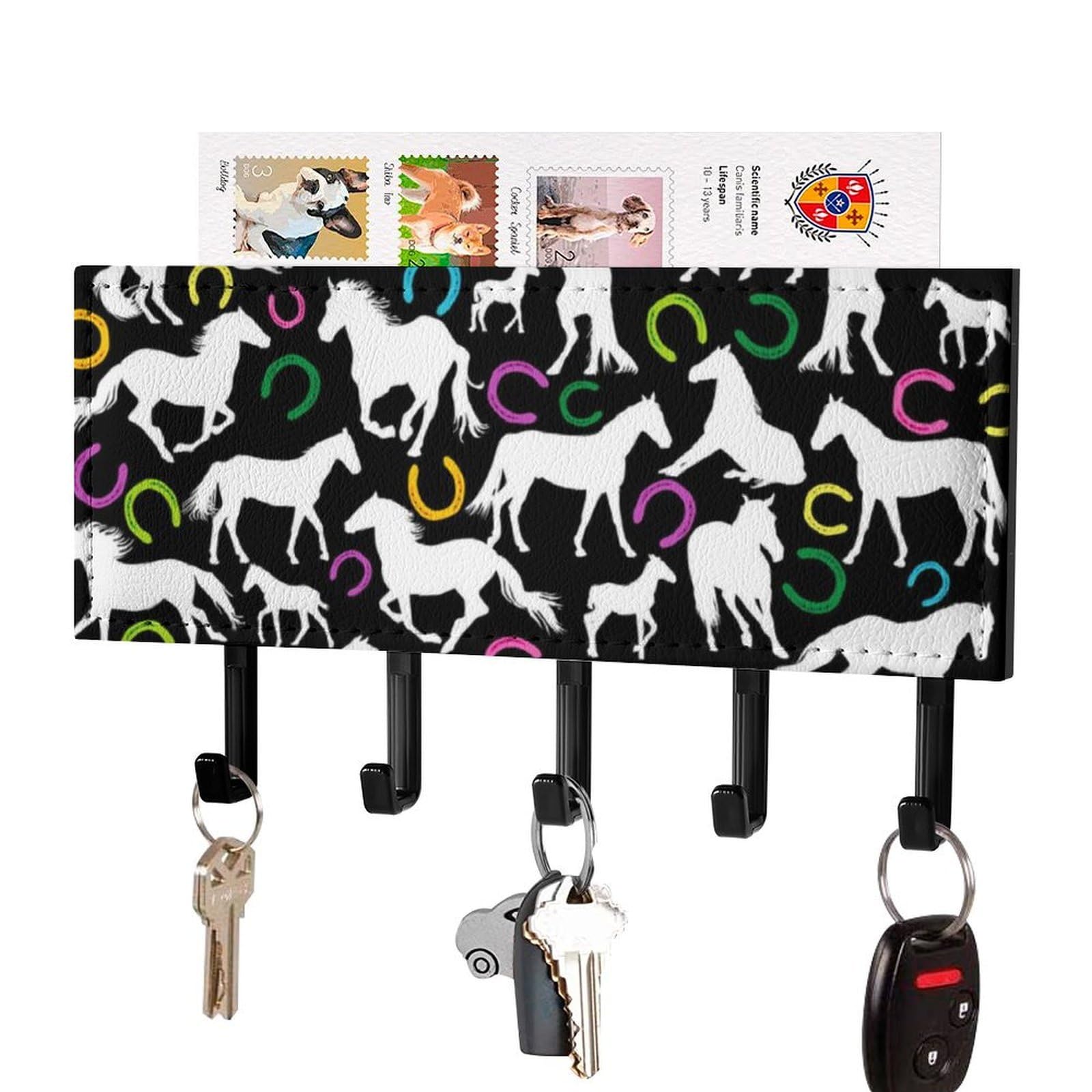 NCLQVJXZKHW White Horses and Horseshoe Print Key Holder with 5 Hooks Key Hooks Wall Mounted Key Racks Key Hanger Organiser Shelf