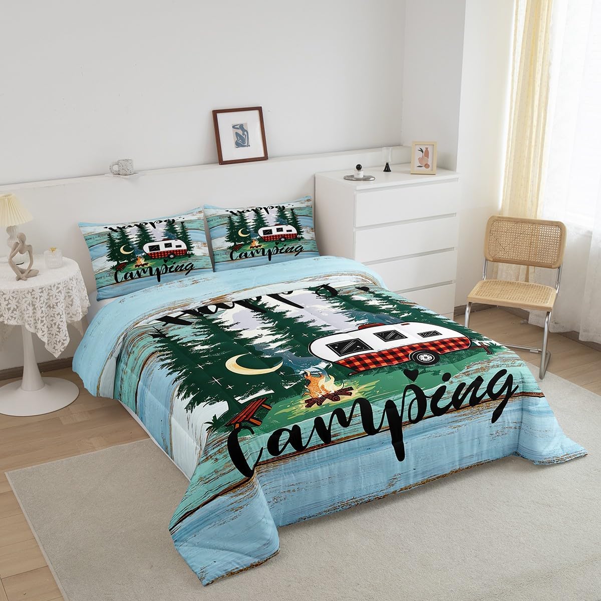 Feelyou Happy Camping Comforter Set Queen Size Kids RV Camping Comforter for Boys Girls Teens Western Farmhouse Bedding Set Wooden Duvet Set Tree Branches Quilt