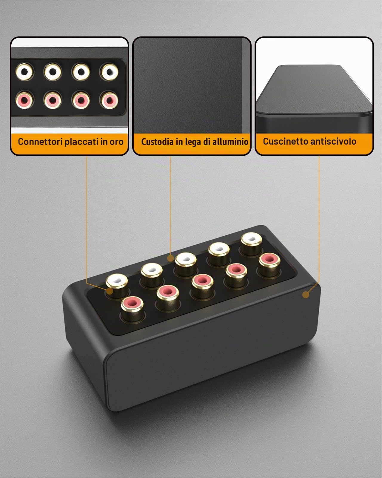 Cubilux AS-R1 Splitter Box Audio RCA a 4 Vie, Stereo a 4 Canali, Passivo in Lega di Alluminio (1 Ingresso 4 Uscite)