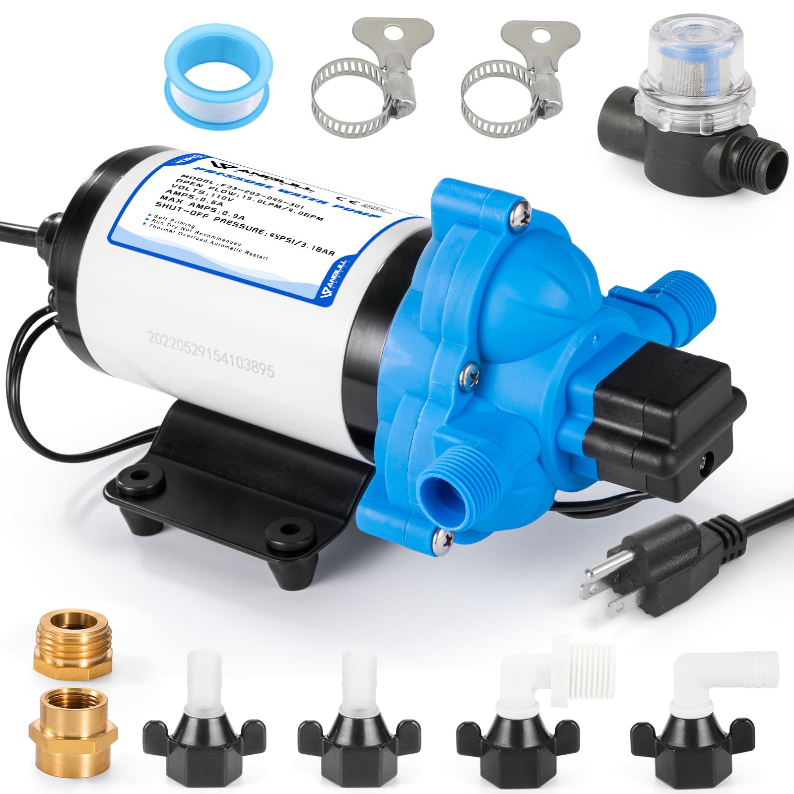 Anbull 110V Water Transfer Pump 4.0GPM/45PSI Self Priming Pump, Industrial Water Booster Pressure Diaphragm Pump with 3/4" Garden Hose Adapters for Liquid Transfer, Marine, Agriculture Applications