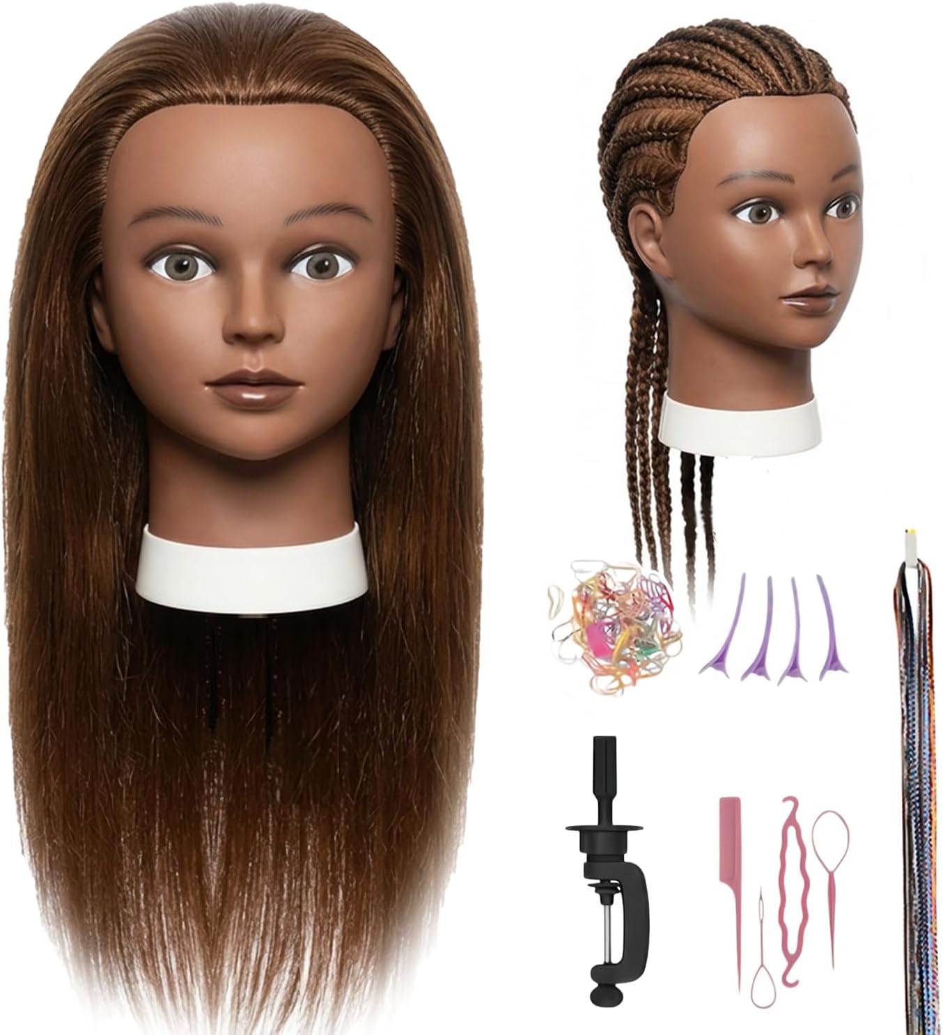Mannequin Head Human Hair 16 Inch, 100% Real Human Hair Cosmetology Mannequin Head with Clamp Stand, Professional Hair Manikin Doll Head for Braiding, Styling & Hairdresser Training (Brown-16inch)