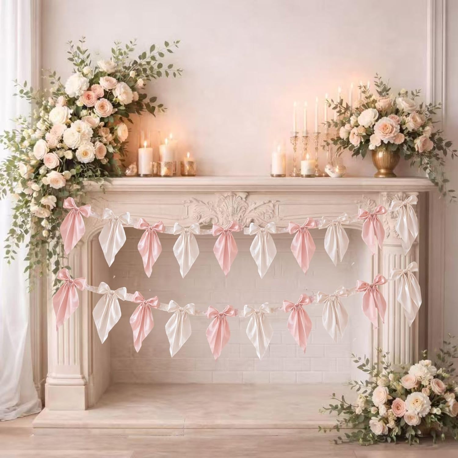 2pcs White Pink Bow Garland Banner 82.7 inch, Satin Ribbon Bow Decorations for Birthday Bachelorette Engagement Wedding Party and Anniversary Decor