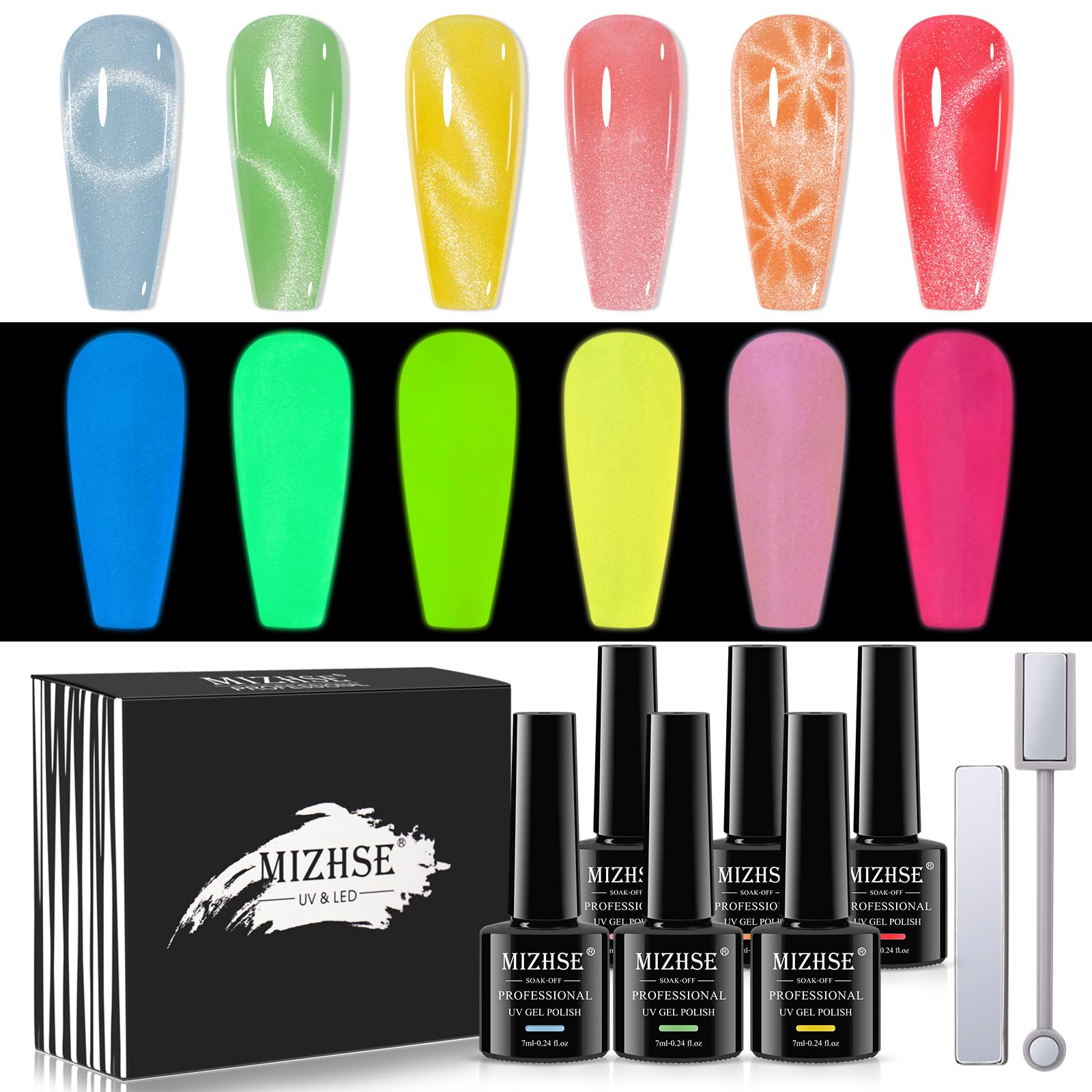 MIZHSE Glow in The Dark Gel Nail Polish, Macaroon Cat Eye Gel Polish Set with Magnet Stick, Shimmery Neon Green Blue Yellow Nail Soak Off Nail Art