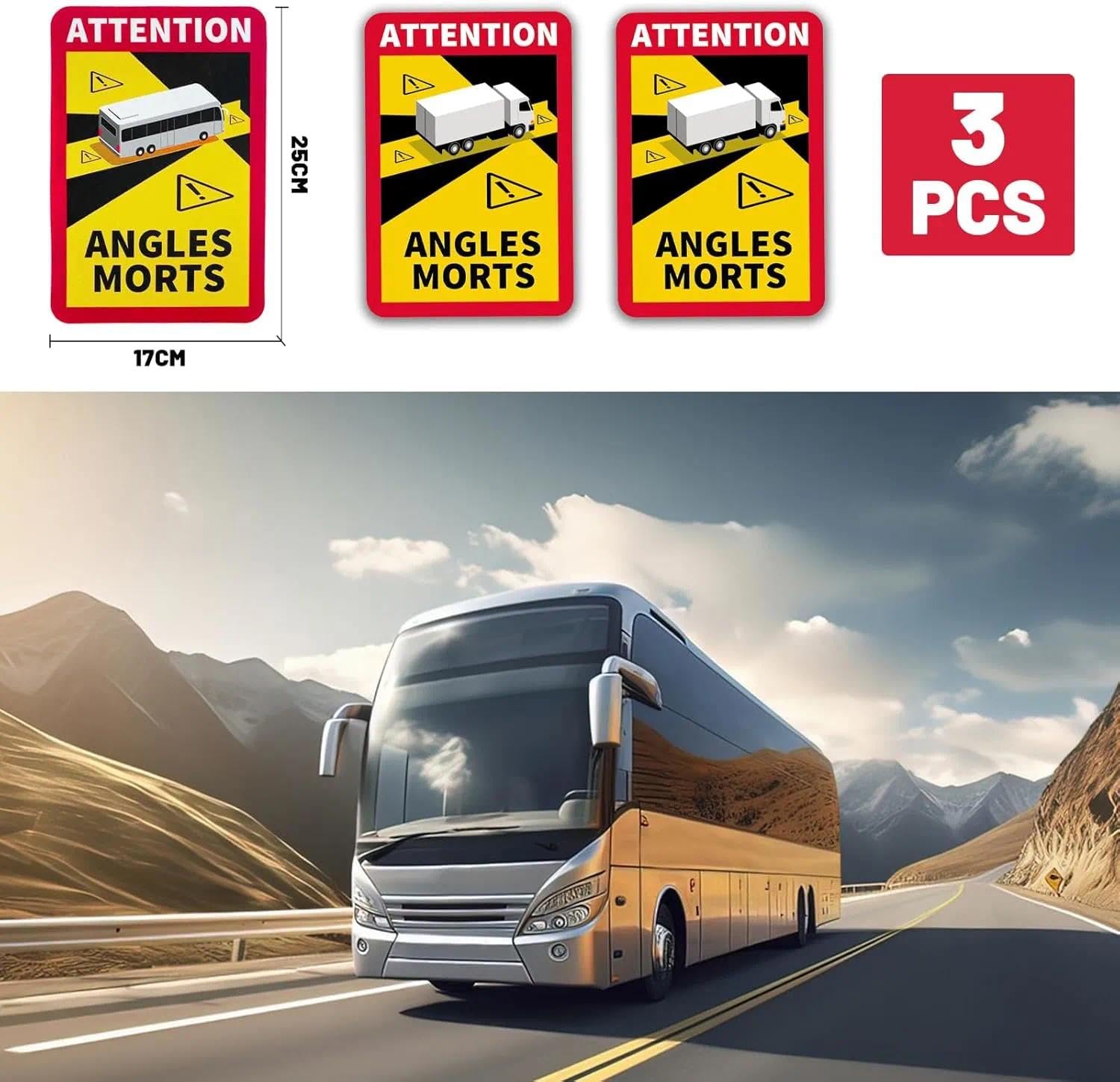 3Pcs Magnéticas Attention Angles Morts Adhesivos 25 x 17 cm Señal ángulos Muertos Homologado Pegatina Cartel de Advertencia para Francia, con protección UV, para Camiones y Caravanas - 3