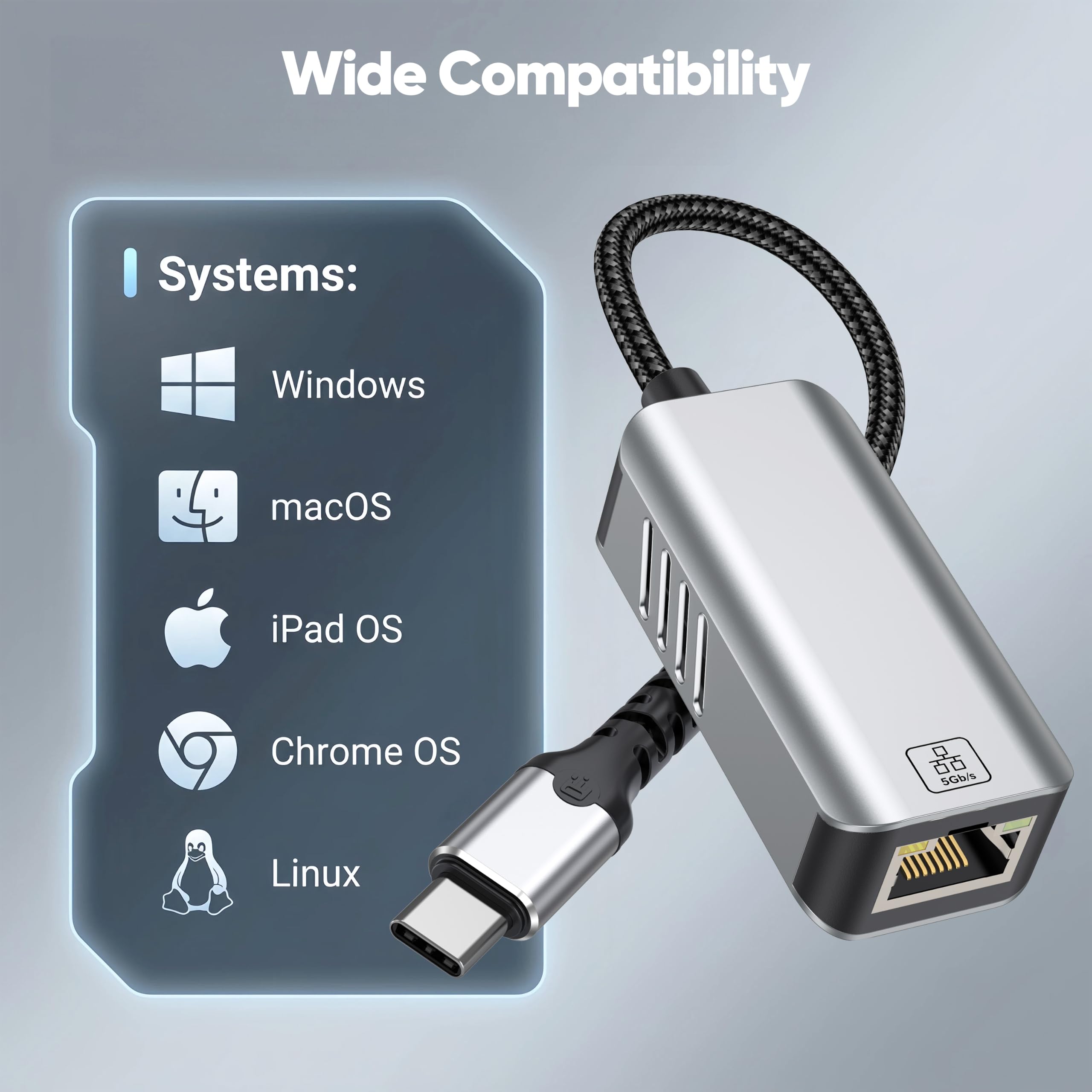 Adattatore da USB C a Ethernet da 5 GB, velocità di rete 5 Gigabit, in alluminio con design termico, tipo C, adattatore da USB C a Ethernet, compatibile con USB4, Plug & Play per MacBook