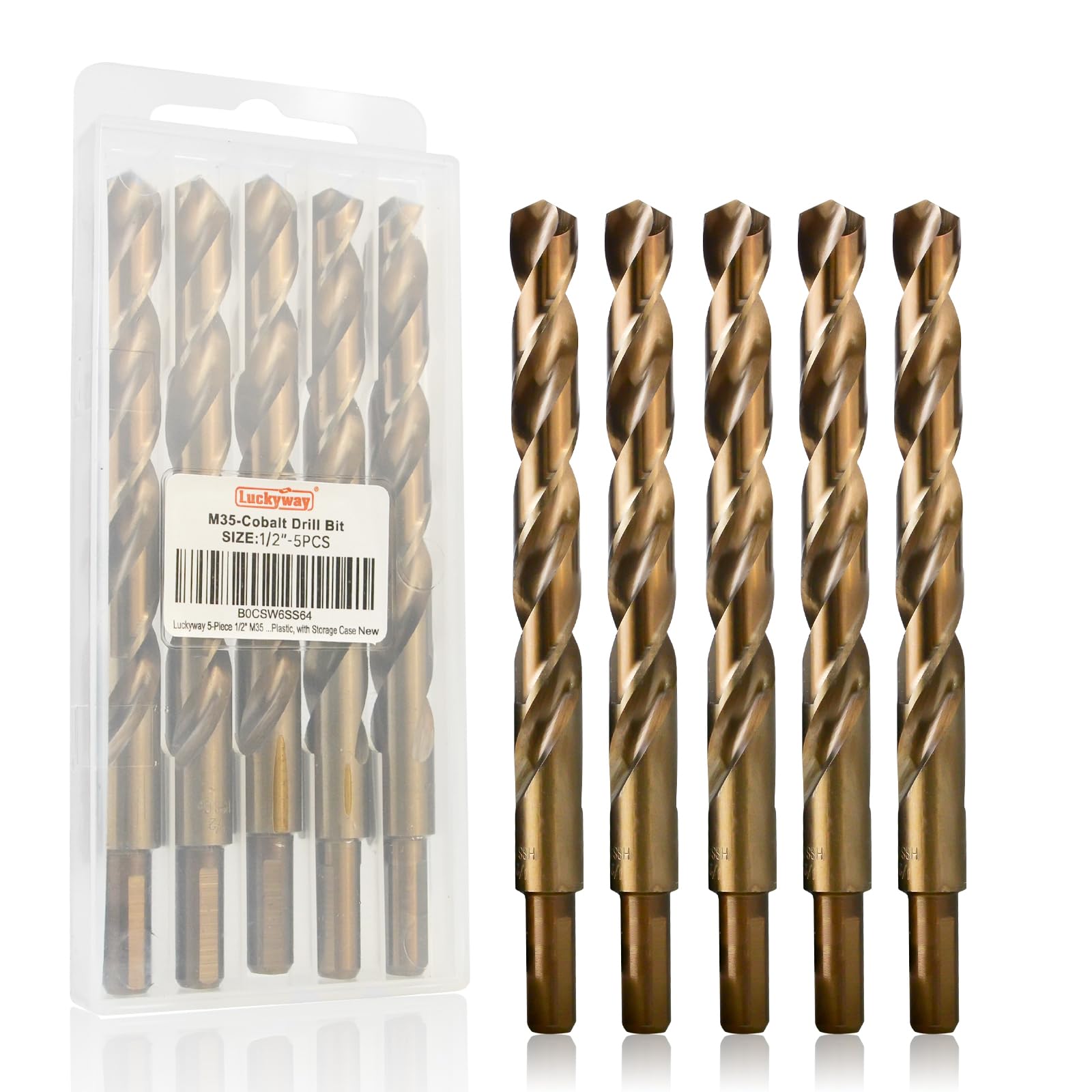 Luckyway 5-Piece 1/2" M35 Cobalt Drill Bits, Jobber Length Twist Drill Bit Set for Hard Metal, Stainless Steel, Cast Iron, Wood and Plastic, with Storage Case