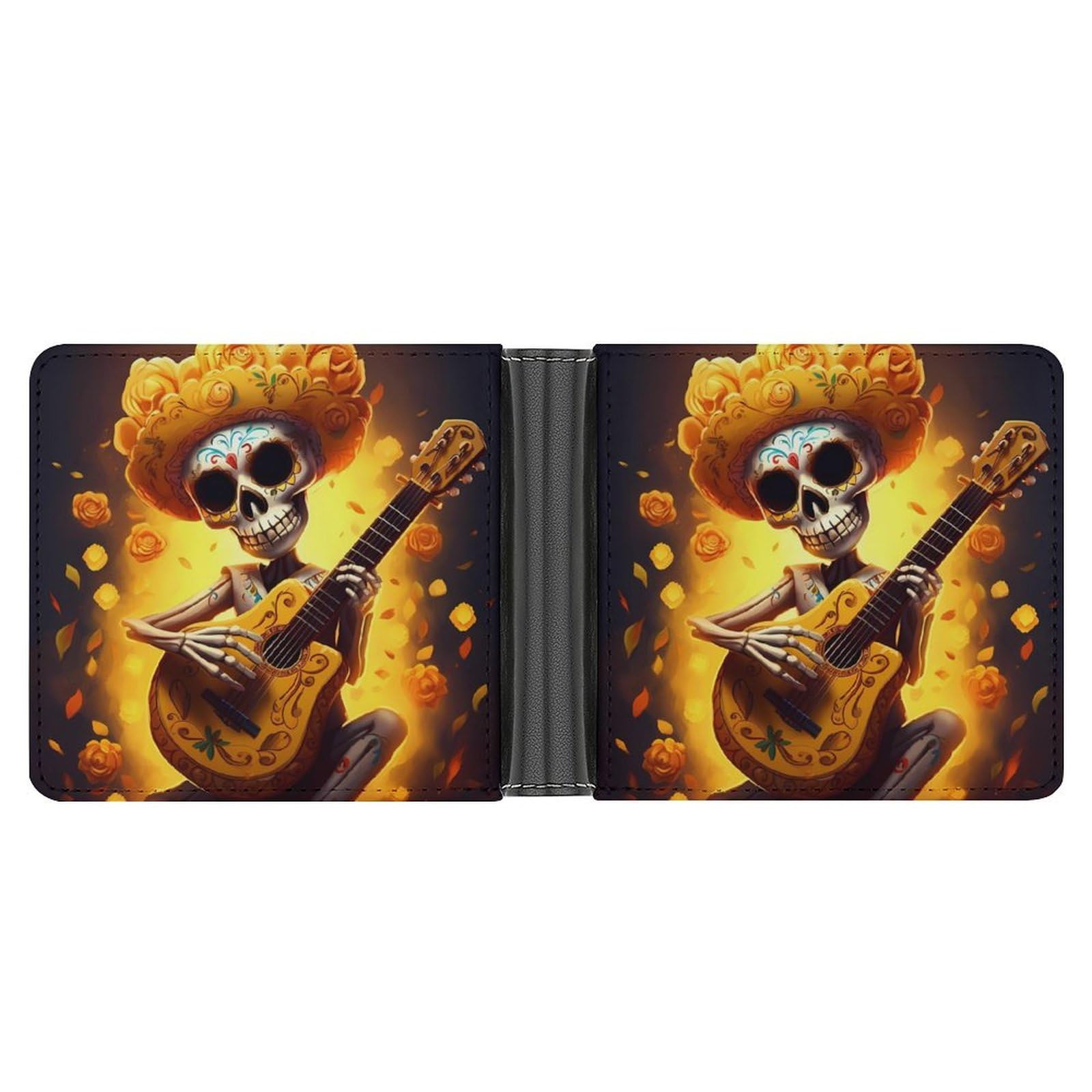 Funny Skull Playing Guitar Yellow Flower Bifold Wallet PU Leather Coin Purse Lightweight Credit Card Holder Wallet Money Clip