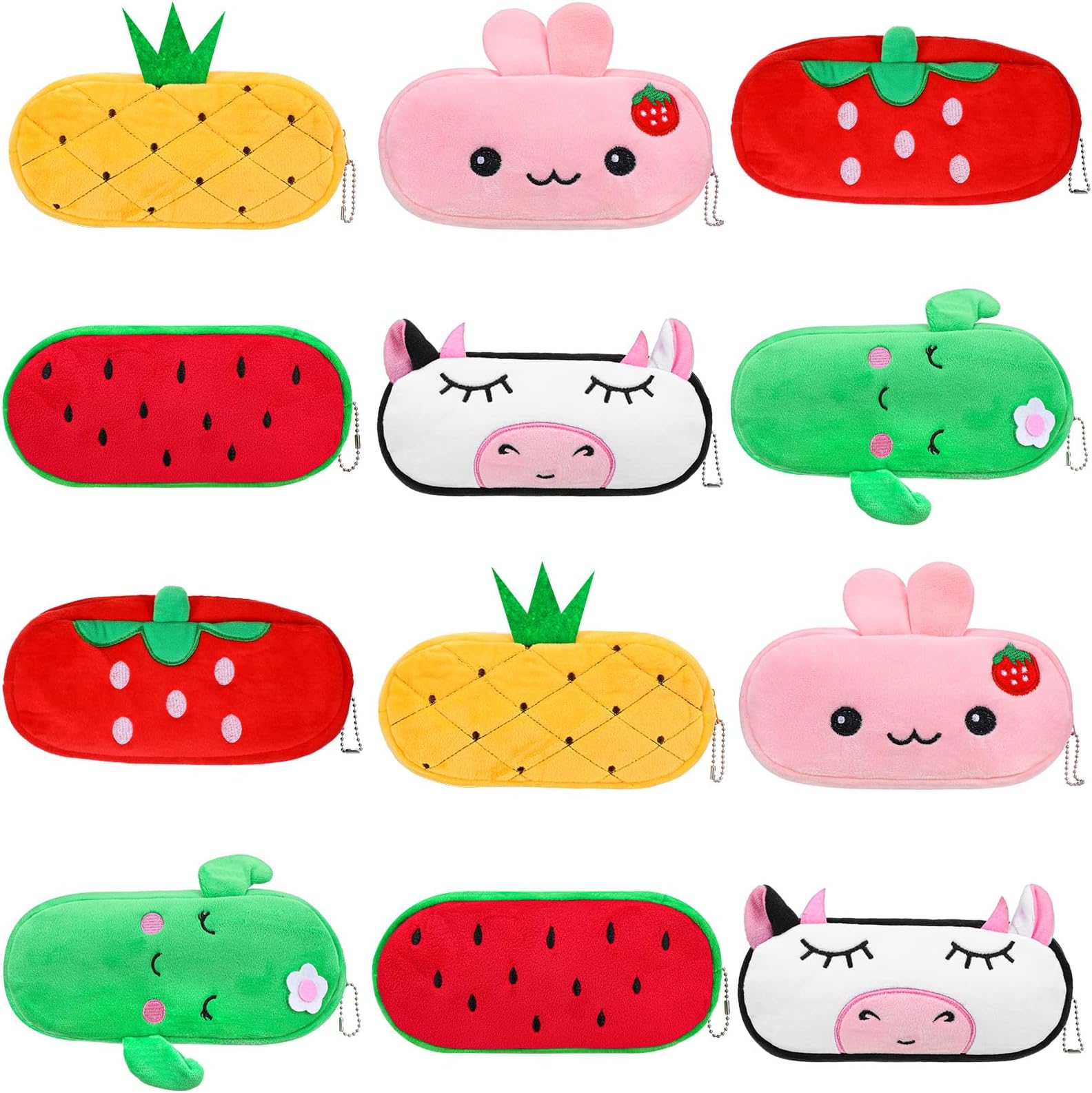 12 Pcs Cute Cartoon Pencil Cases Bulk Zipper Animal and Fruit Plush Pencil Pouch Boxes Japanses Kawaii Stationery Bag