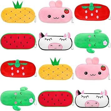 12 Pcs Cute Cartoon Pencil Cases Bulk Zipper Animal and Fruit Plush Pencil Pouch Boxes Japanses Kawaii Stationery Bag