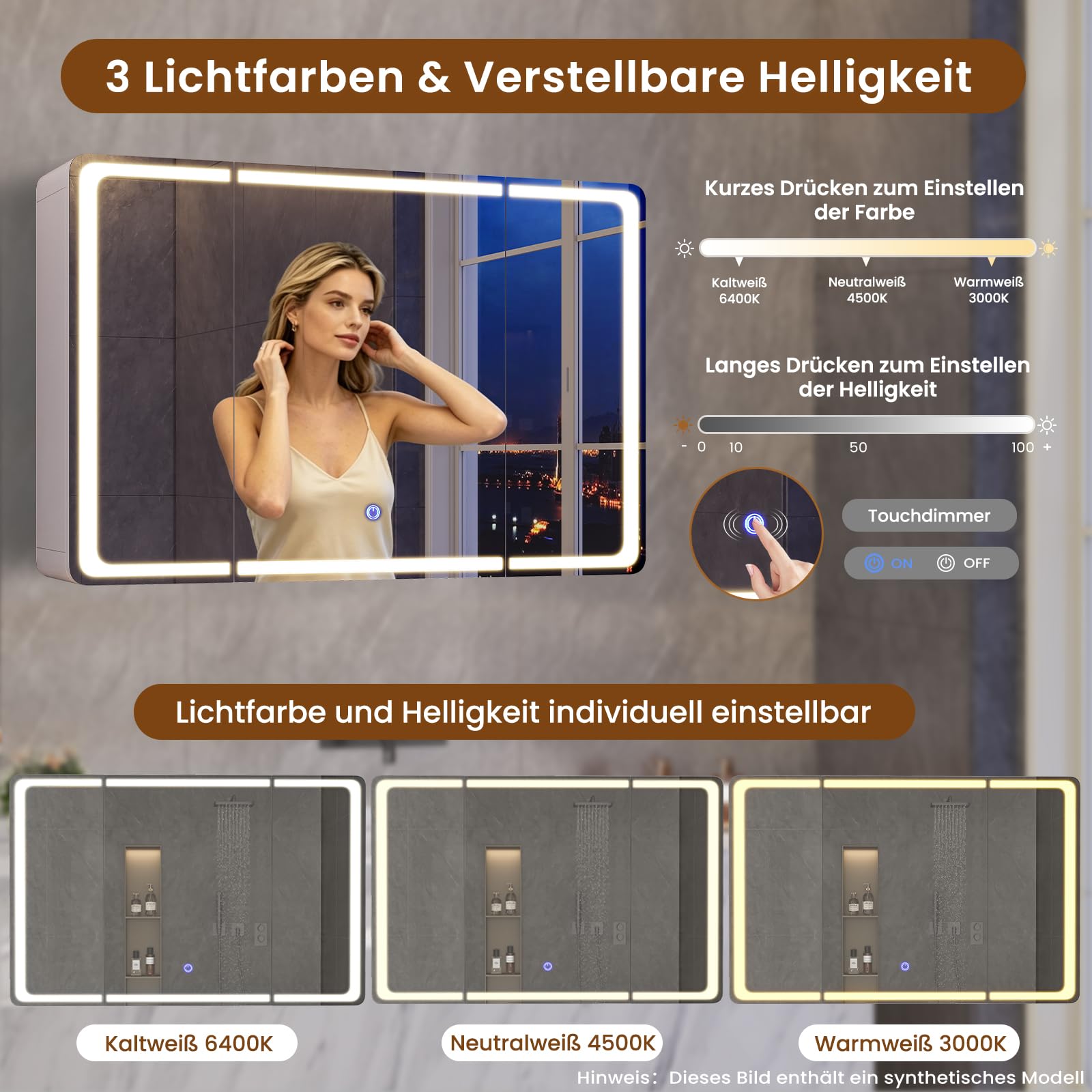 Spiegelschrank Bad 90 x 60 x 16 mit LED-Beleuchtung, Steckdose & 9 Fächer