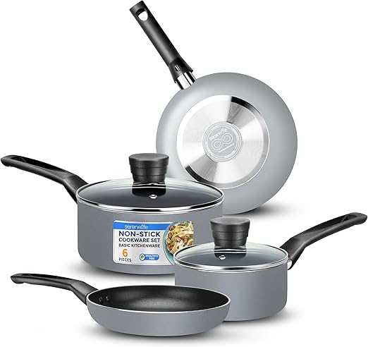 SereneLife 6-Piece Pots and Pans Set – Nonstick Cookware, Black Coating, Heat-Resistant, Dishwasher safe, Includes Fry Pans, Saucepans with Lids, Color Gray